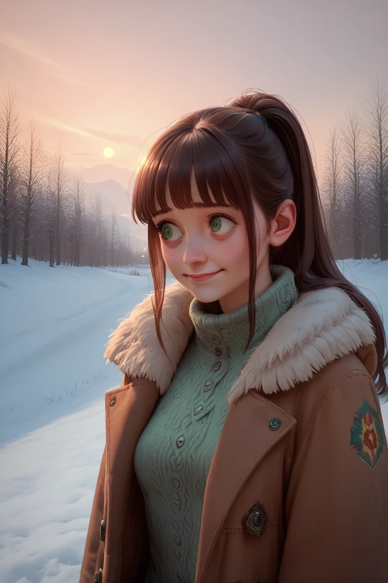 
A teen girl watching the sunrise wearing a coat in winter, green eyes, long hair with a fringe in a ponytail, detailed nervous face, smile, shy girl, normal breasts, detailed beautiful body, thin body, at the top of a coast ceremony, 