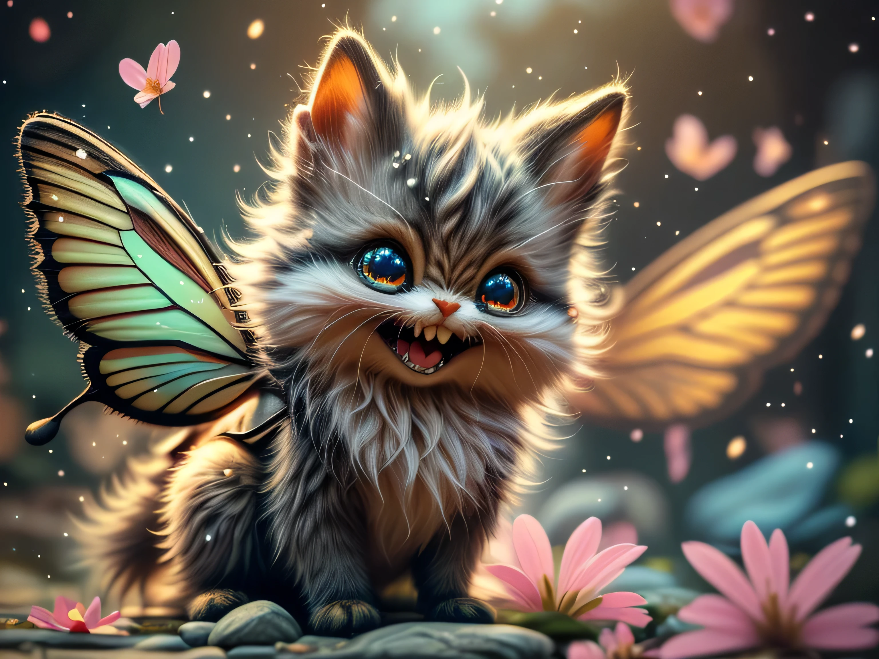 Magical Fantasy Creature, (Best Quality, Masterpiece, Representative Work, Official Art, Professional, Super Detailed, 8k:1.3), (Photorealism:1.2) Super cute, The little demon has a lively, friendly charisma with a soft skin tone, possibly light blue or soft purple, size, expressive purple eyes that radiate curiosity and friendliness, A wide, shining smile with small, pointy teeth that highlights its cheerful mood, small, rounded horns that do not look threatening, possibly a soft color that matches its skin tone, small, colorful butterfly-like wings that emit shimmer and shine, Playful and cute, with round shapes that make the demon look like it's always ready to play, A simple, colorful tunic that reflects its cheerful personality, possibly with a pattern of stars or hearts, A cheerful, magical background with colorful flowers and sparkling light to highlight the positive atmosphere, The little demon must fly, also seem daring, a magical moment, hyper-realistic digital artwork, highly detailed, realistic, beautiful, soft volumetric light, glossy image, (Backlight:1.3), (Cinematic:1.2), intricate details, (ArtStation:1.3), --auto --s2