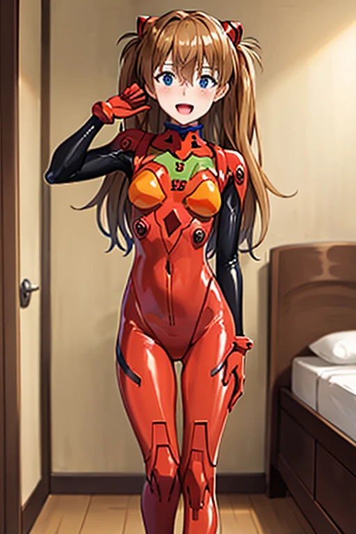 (( best quality)), ((masterpiece)), (be familiar with),  perfect face, indoor, bedroom,  viewer,
One woman,  Soryu Asuka Langley ,
 open mouth,  ecstatic expression with hands in front of body, blush, smile,
Small breasts,  flat chested, Young girl, Lori,  s,  girl,
 long hair,  twin tails,
Leg spread,