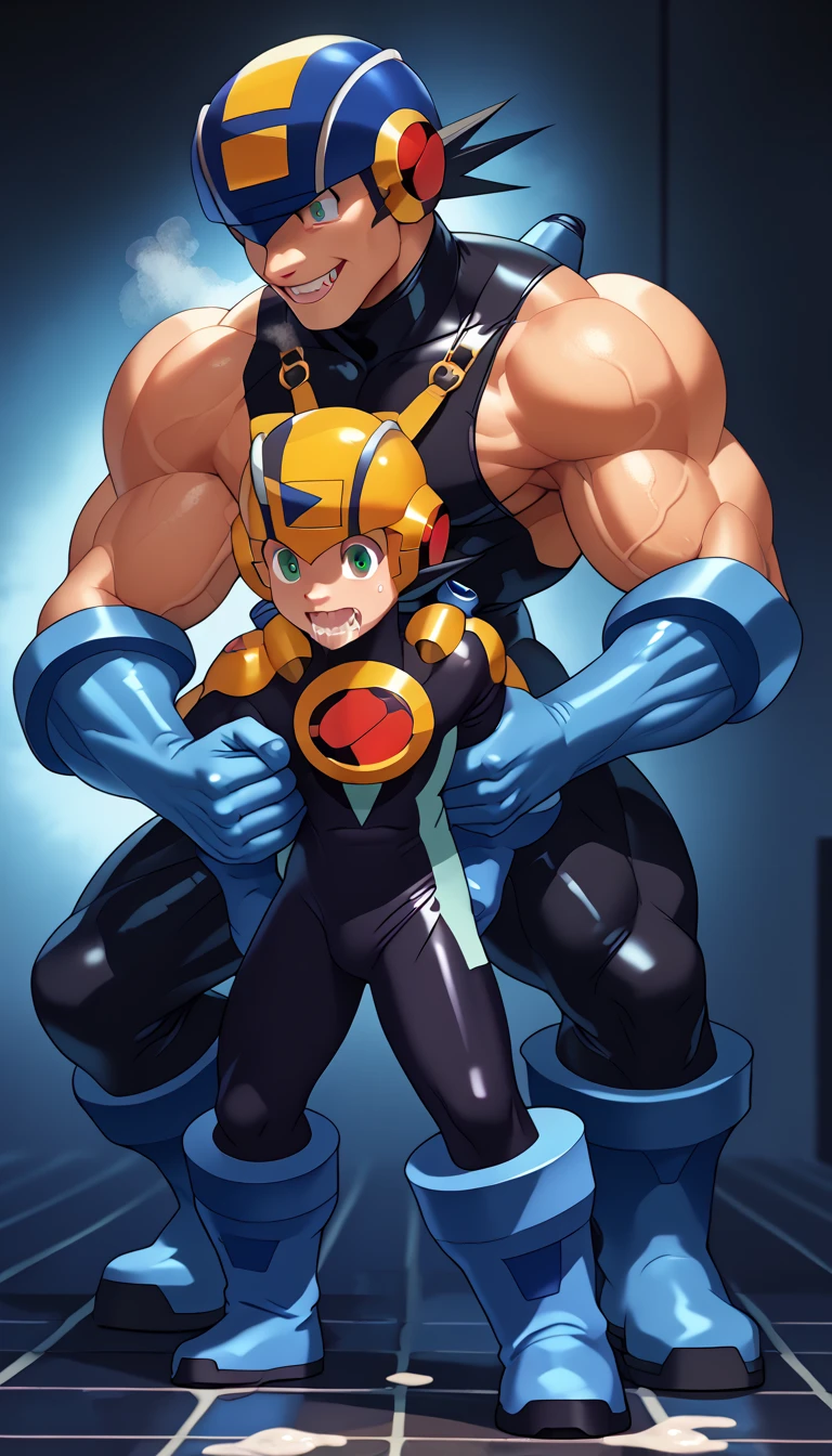 ((giga muscle, huge muscles:1.7,oversized erectile penis:1.7, rubber suit, armband, bracers,Harness, Erotic )),((( trembles a lot, Anal Sex:1.3,doggy style,))) glossy skin, pubic skin, lots of drool and semen:1.6,steam, impending sexual activity, ejaculate vigorously ,Appeal to your audience, rubber suit,Sharp teeth,roling eyes,white eyes, bracers:1.6,Sharp Fangs, open your mouth wide ,steamscore_9,score_8_up,score_7_up,score_6_up,score_5_up,score_4_up,S,Suffering face,Transform into a devil ,Jami ,evil crest tattoo,gigantic penis,score_9, score_8_up, score_7_up, anime screencap BREAK,
1boy, megaman, black hair, closed mouth, green eyes,
helmet, blue boots, bodysuit, 
clenched hands, smile,
standing, full body, Alone, looking at viewer, simple background, white background 