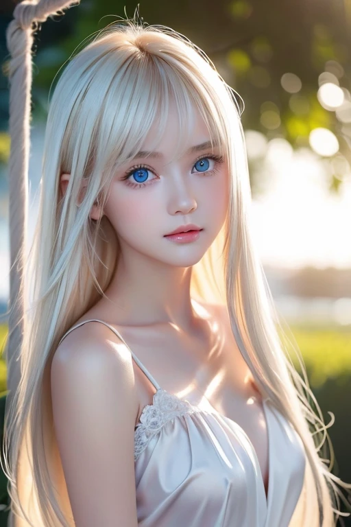 Very beautiful baby face、Ultra-long platinum blonde hair that looks like silk in the wind、Swinging bangs、Cute, sexy, 19 year old blonde with incredibly bright light blue eyes、Hair above the eyes、片Hair above the eyes、 hair between eyes、