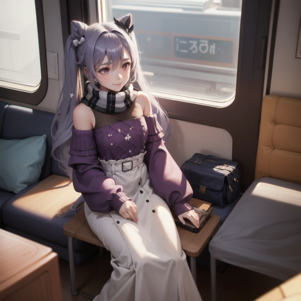 gikeqlr, 1girl, sweater, scarf, twintails, long skirt, light smile, INT. TRAIN COMPARTMENT - DAY
Anya sits by the window, her eyes fixed on the passing scenery. She's lost in thought, a gentle smile playing on her lips.