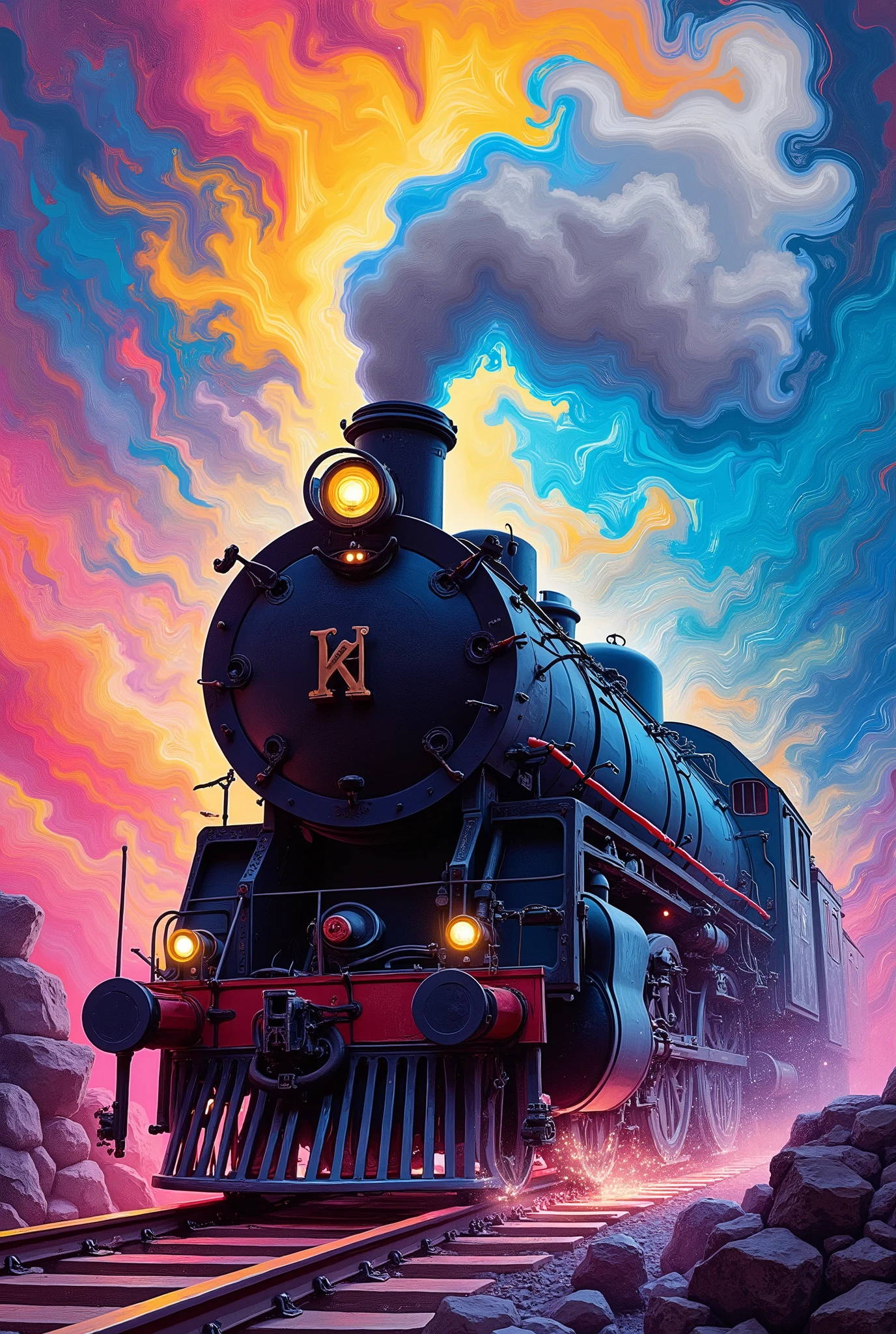 illustration, Abstract, silhouette, sputtering art, colorful, Time-Traveling Train