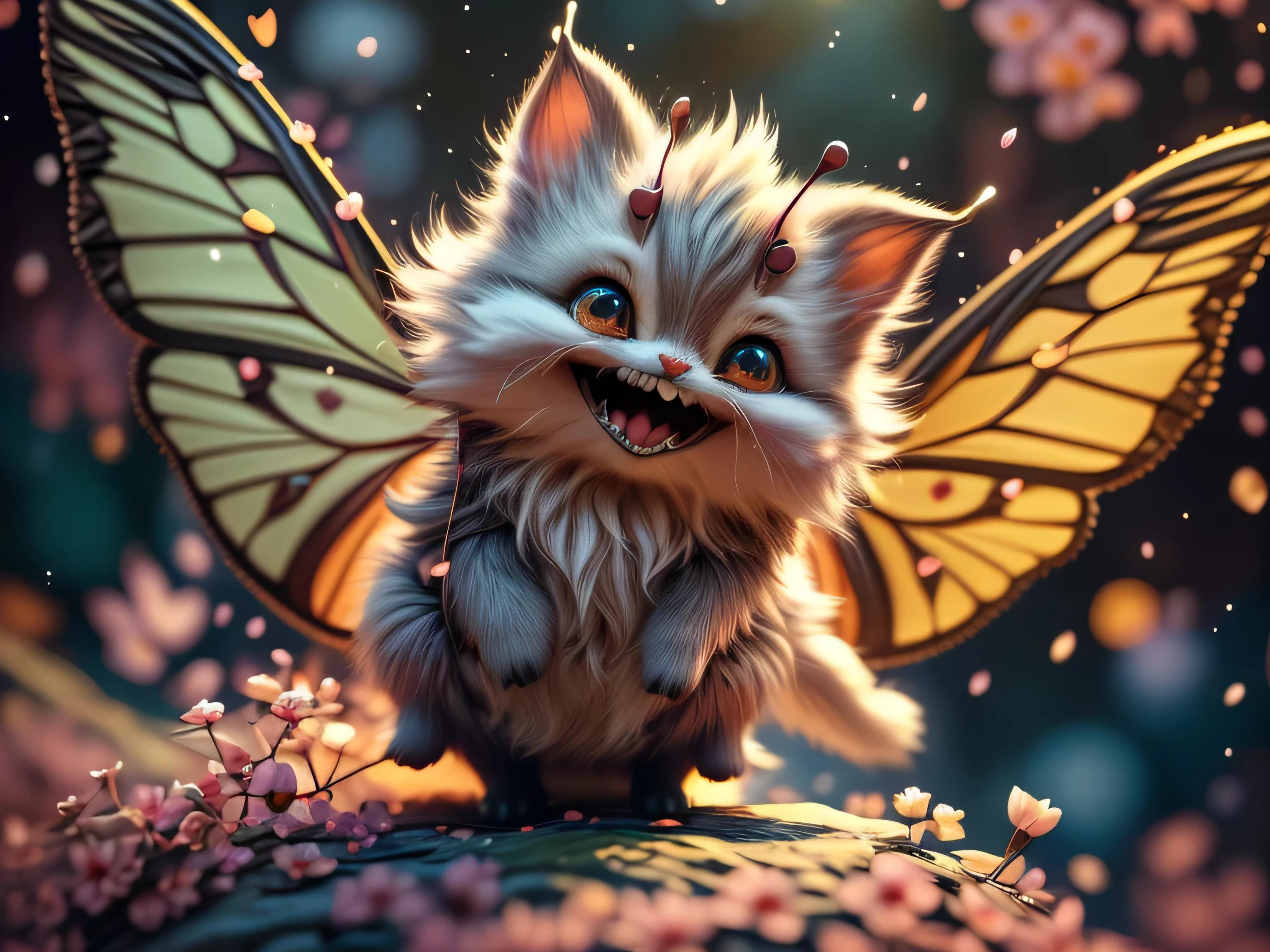 Magical Fantasy Creature, (Best Quality, Masterpiece, Representative Work, Official Art, Professional, Super Detailed, 8k:1.3), (Photorealism:1.2) Super cute, The little demon has a lively, friendly charisma with a soft skin tone, possibly light blue or soft purple, size, expressive purple eyes that radiate curiosity and friendliness, A wide, shining smile with small, pointy teeth that highlights its cheerful mood, small, rounded horns that do not look threatening, possibly a soft color that matches its skin tone, small, colorful butterfly-like wings that emit shimmer and shine, Playful and cute, with round shapes that make the demon look like it's always ready to play, A simple, colorful tunic that reflects its cheerful personality, possibly with a pattern of stars or hearts, A cheerful, magical background with colorful flowers and sparkling light to highlight the positive atmosphere, The little demon must fly, also seem daring, a magical moment, hyper-realistic digital artwork, highly detailed, realistic, beautiful, soft volumetric light, glossy image, (Backlight:1.3), (Cinematic:1.2), intricate details, (ArtStation:1.3), --auto --s2