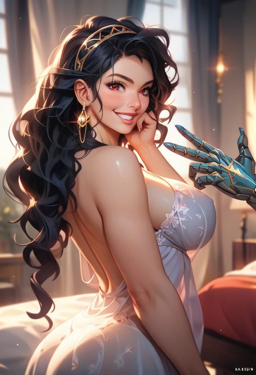 realistic,high res,high saturation,depth of field,portrait,dynamic lighting,backlighting,high detailed face,high detailed hair,high detailed hands ,fingers ,beautiful face,beautiful provocative posture in bed, seductive looks,( mature female,shiny texture, curvy, big hips, nude, parted lips, shy smile grin, lips ), bangs, gold earrings, long hair, black hair, red eyes, sidelocks, hairband),(attractive woman with huge tits,chemise , gown, large breasts ) nude, rear view, ,sharp focus, perfect hands, perfect light , add_detail:1, add_detail:0, add_detail:0.5