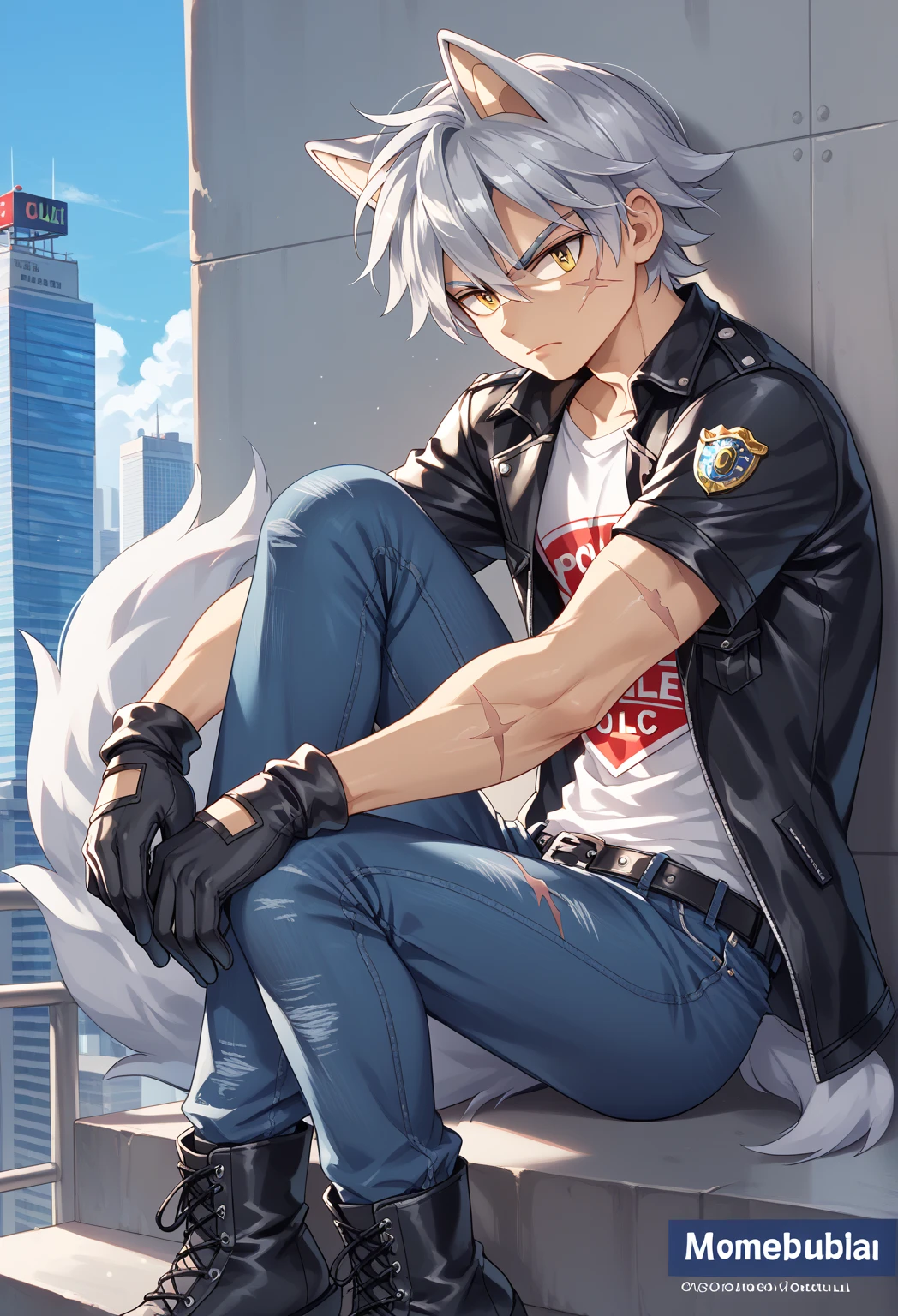 Male Wolf, ((Character Sonic oc  )), Adult male, (  silver hair all over his body   ), (  light gray inner ears  ), (alone), (   short hair,  wild and messy   ), city,   scar near the left eye that crosses the left eye diagonally, He is wearing a white t-shirt,   closed black leather jacket  ,   black gloves with cut toe Jeans and boots  ,  yellow eyes, Time of day, ((mobian)), moebius, (Soft fur), Big fluffy tail, Serious and sexy pose,  Secret Agent Police   ( Mobian police logo  )