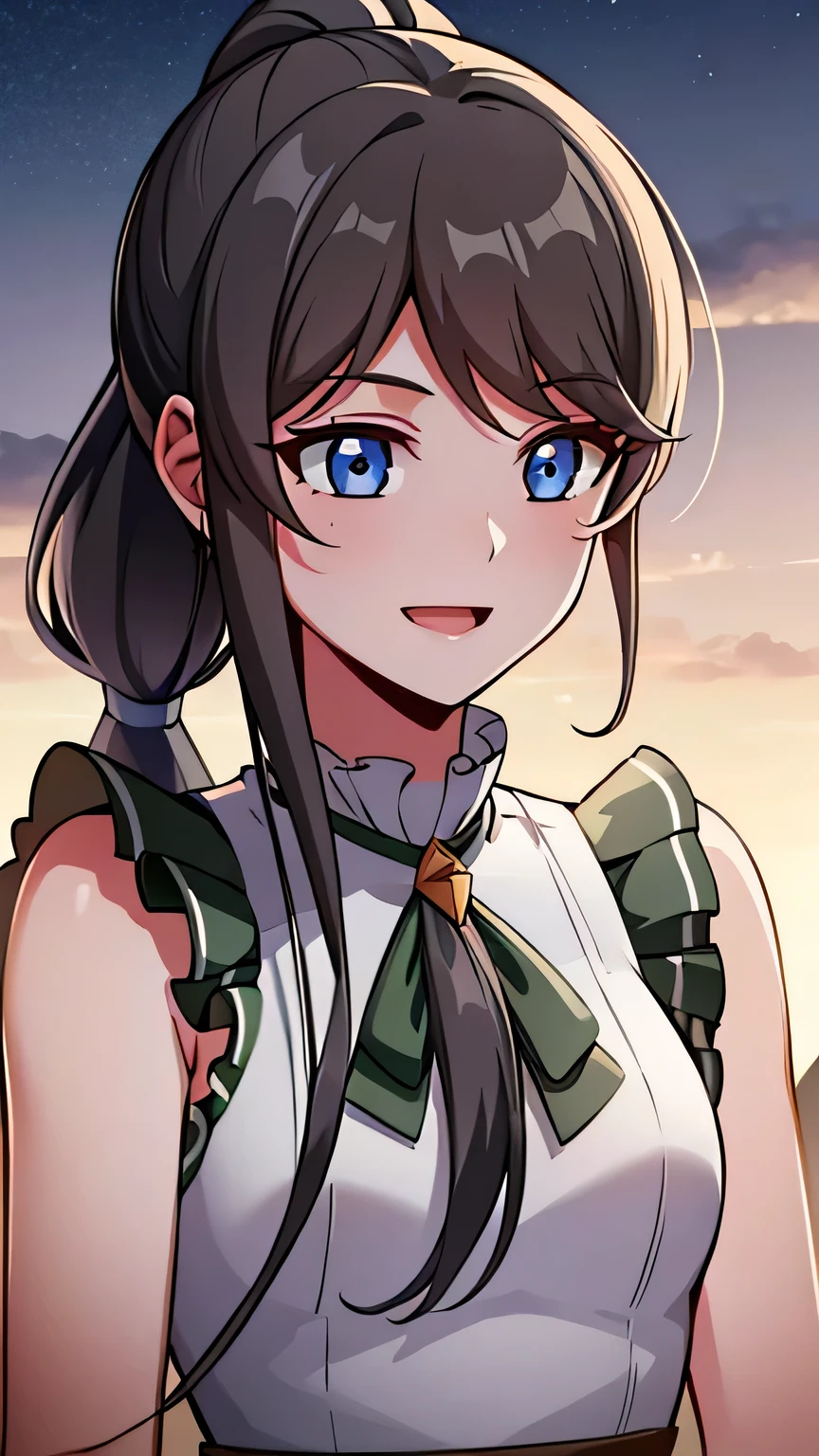 quality, masterpiece, highly detailed, 8k, masterpiece, tilly wimbledon, sleeveless, 1girl, smile, open mouth, blush, detailed face, detailed eyes, medium breast, blue eyes, top of mountain, night, moon, armpit, (long ponytail hair), srmpit