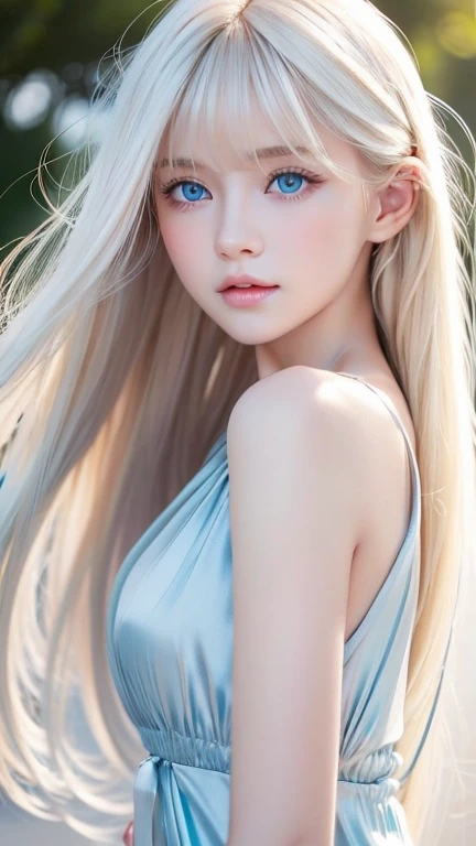 Very beautiful 、Ultra-long platinum blonde hair that looks like silk in the wind、Swinging bangs、Cute, sexy, 19 year old blonde with incredibly bright light blue eyes、Hair above the eyes、片Hair above the eyes、 hair between eyes、