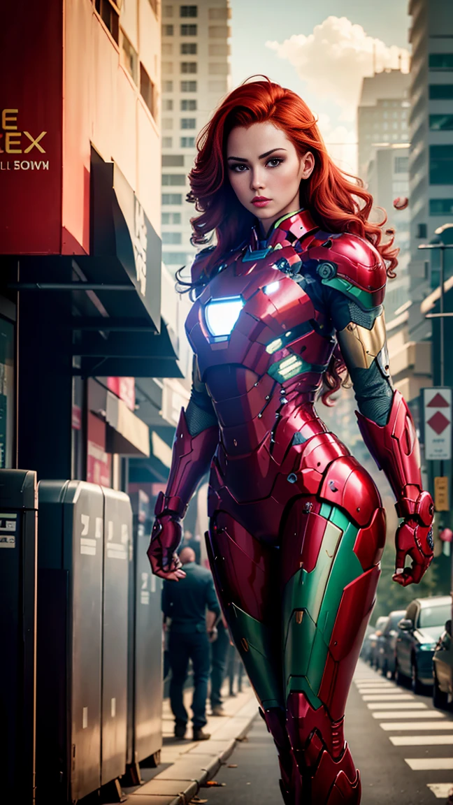 Highly detailed, cinematic, realistic. A stunning red-haired woman with vibrant green eyes wearing a sleek, customized Iron Man suit designed with elegant and feminine curves. The suit features intricate metallic details, glowing green energy cores, and accents that complement her striking hair and eyes. She stands confidently in a bustling futuristic street, inspired by Mass Effect, with neon signs and advanced technology in the background. The suit's form-fitting design emphasizes a balanced and athletic build, blending power and grace. Rendered in ultra-high resolution with soft natural lighting, realistic reflections on the suit, and photorealistic textures. (8k, ultra high-resolution, cinematic, natural colors:1.3).