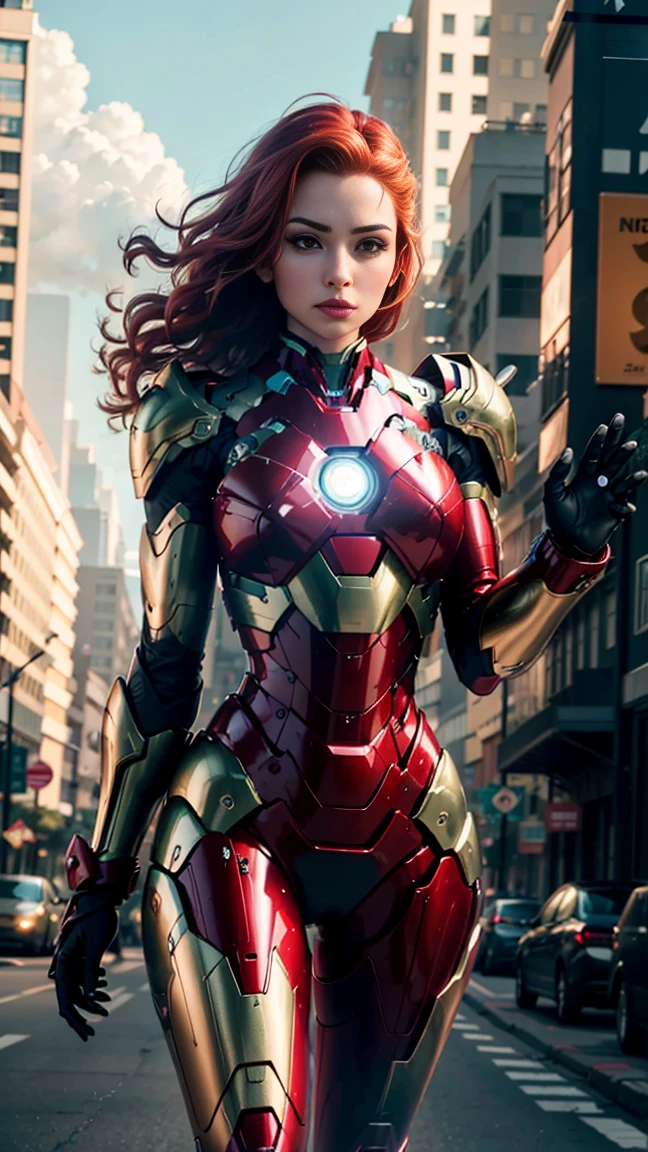 Highly detailed, cinematic, realistic. A stunning red-haired woman with vibrant green eyes wearing a sleek, customized Iron Man suit designed with elegant and feminine curves. The suit features intricate metallic details, glowing green energy cores, and accents that complement her striking hair and eyes. She stands confidently in a bustling futuristic street, inspired by Mass Effect, with neon signs and advanced technology in the background. The suit's form-fitting design emphasizes a balanced and athletic build, blending power and grace. Rendered in ultra-high resolution with soft natural lighting, realistic reflections on the suit, and photorealistic textures. (8k, ultra high-resolution, cinematic, natural colors:1.3).