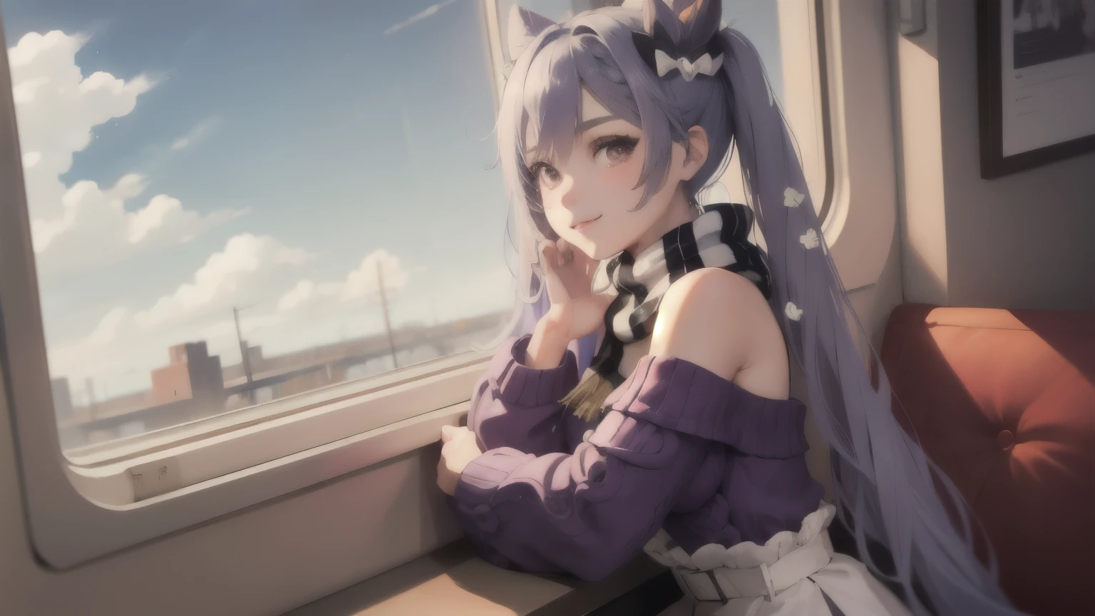 gikeqlr, 1girl, sweater, scarf, twintails, long skirt, light smile, INT. TRAIN COMPARTMENT - DAY
Anya sits by the window, her eyes fixed on the passing scenery. She's lost in thought, a gentle smile playing on her lips.