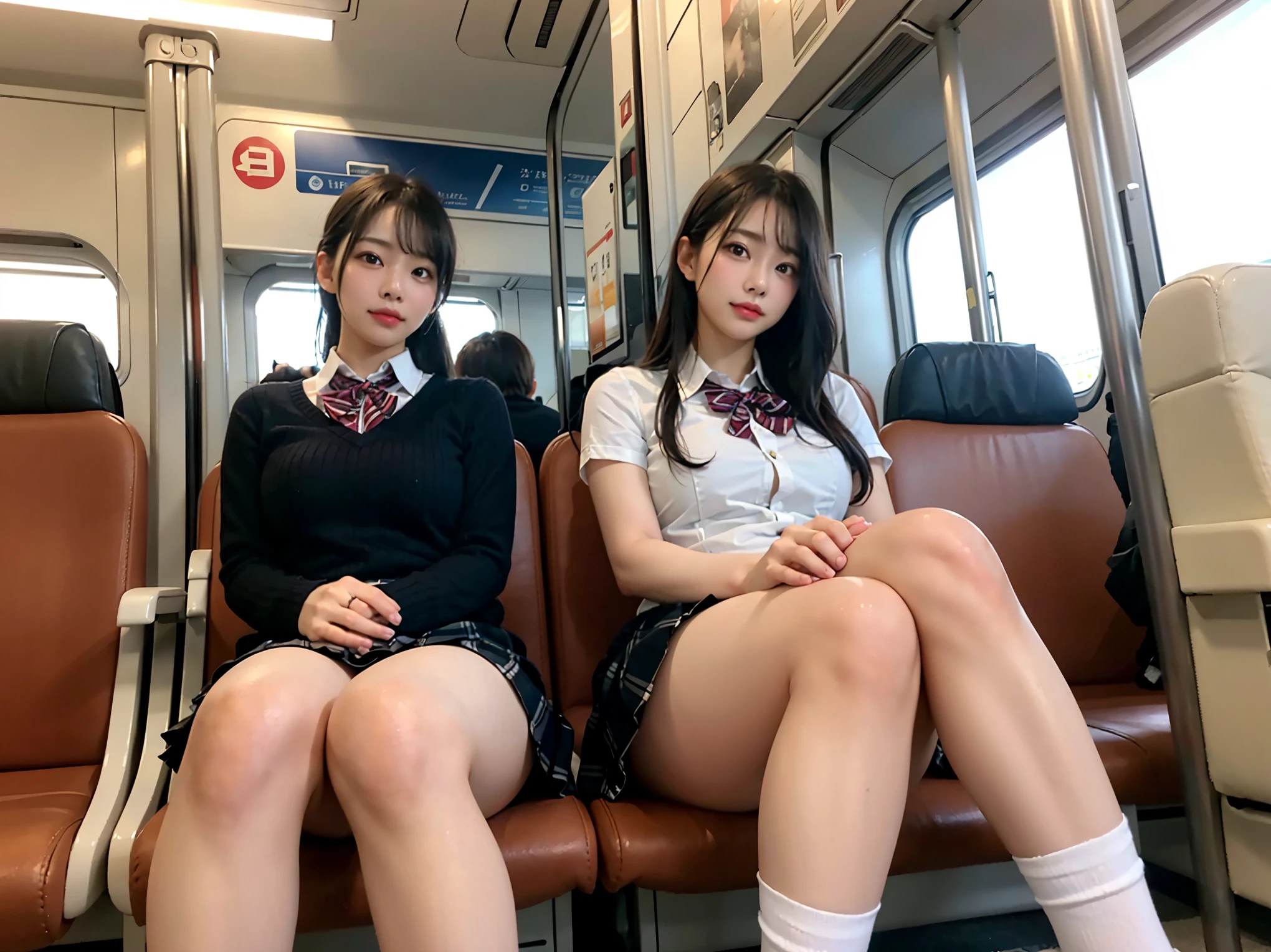 Asian girl, 22 years old, beautiful, well-groomed, sitting on the train seat, wearing a mid-length skirt, legs open without panties, showing her pussy, ultra hd, best quality, super realistic.