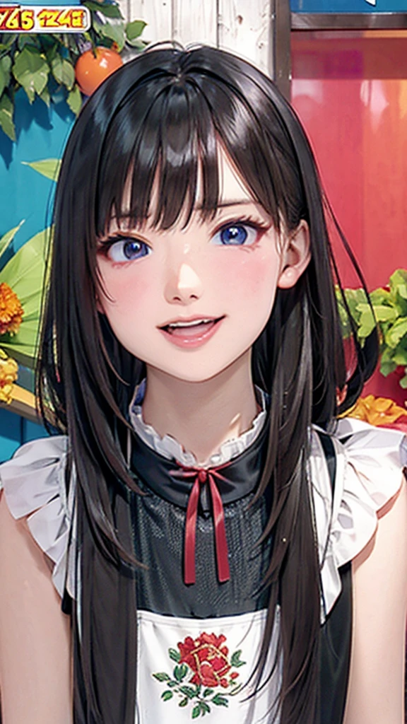best quality, masterpiece, 1girl, solo, black hair, blue eyes, seductive smile, long hair, portrait, blue hairclip, large breasts, cleavage cutout, bare shoulders, upper-body, maid, frilled apron, red bowtie, library, bookshelf