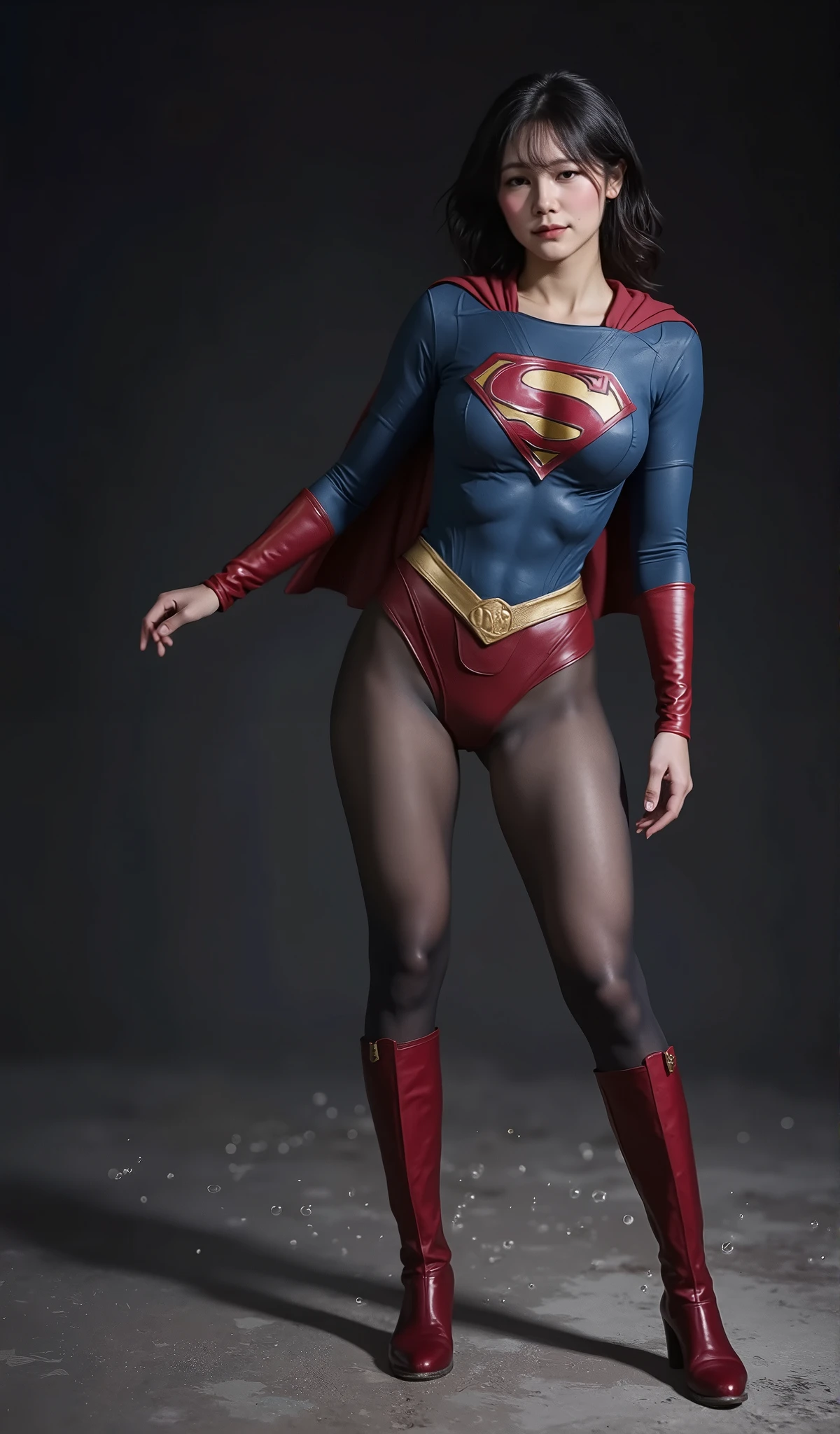 No background、(((Beautiful legs in black tights.)))、(((Legally express the beauty of your smile)))、((((Make the most of your original images)))、(((Supergirl Costume)))、(((Beautiful short bob hair)))、(((suffering)))、(((Please wear black tights....、Wear red boots)))、((Best image quality、8k))、((highest quality、8k、masterpiece:1.3))、(((Preserve background )))、Sharp focus:1.2、Beautiful woman with perfect figure:1.4、Slim Abs:1.2、Wet body:1.5、Highly detailed face and skin texture、8k