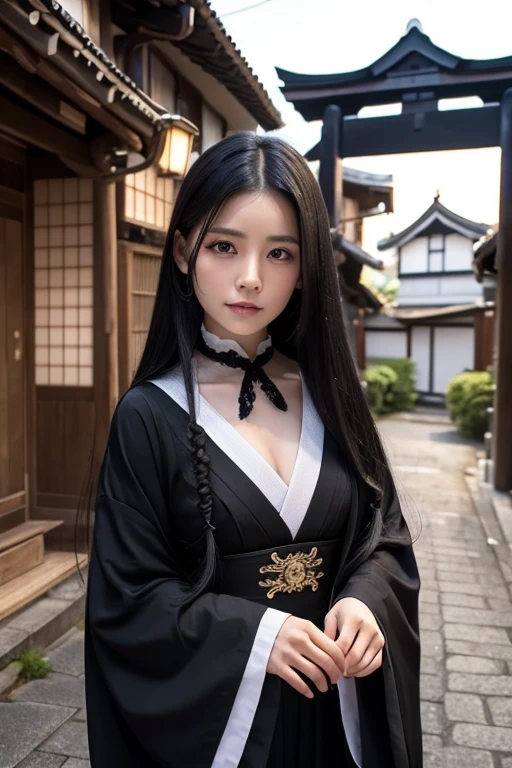1 girl,Full body,extrem detailliertes Gesicht, Lovely, detaillierte Augen,Licht im Gesicht,filmische Beleuchtung,Betrachter betrachten,outside,schwarzes Haar,(schwarze chinesische Architektur:0.05),hanfu, keine Kleidung, big buttocks, big breasts