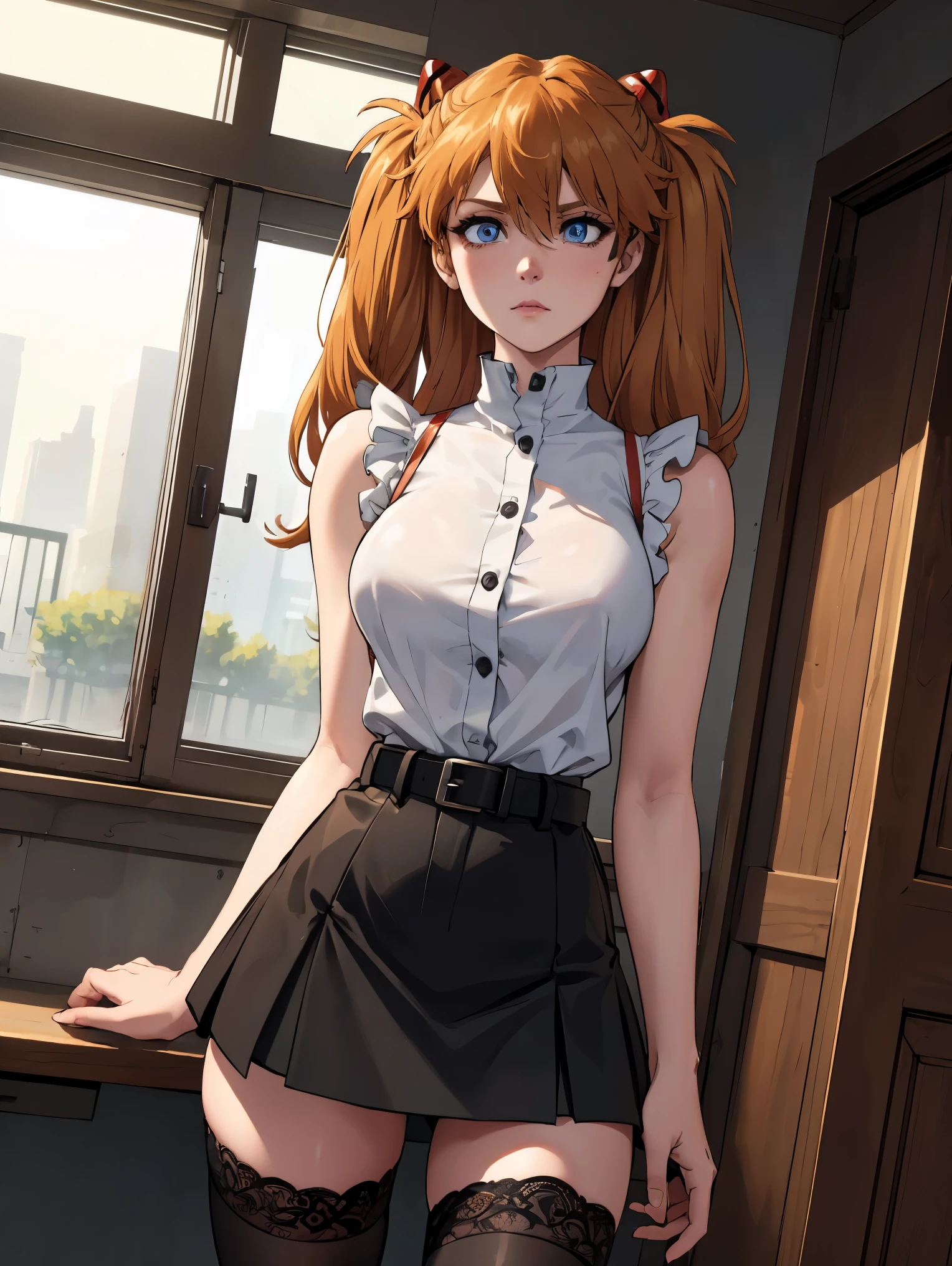 One woman,  Soryu Asuka Langley, long hair,  twin tails,
BREAK ((sleeveless shirt, rose, frills, belt, black miniskirt, black thighhighs, lace trim:1.2)),
BREAK indoors, serious expression, tall, mature, elegant,
BREAK (masterpiece:1.2), best quality, high resolution, unity 8k wallpaper, (illustration:0.8), (beautiful detailed eyes:1.6), extremely detailed face, perfect lighting, extremely detailed CG, (perfect hands, perfect anatomy),