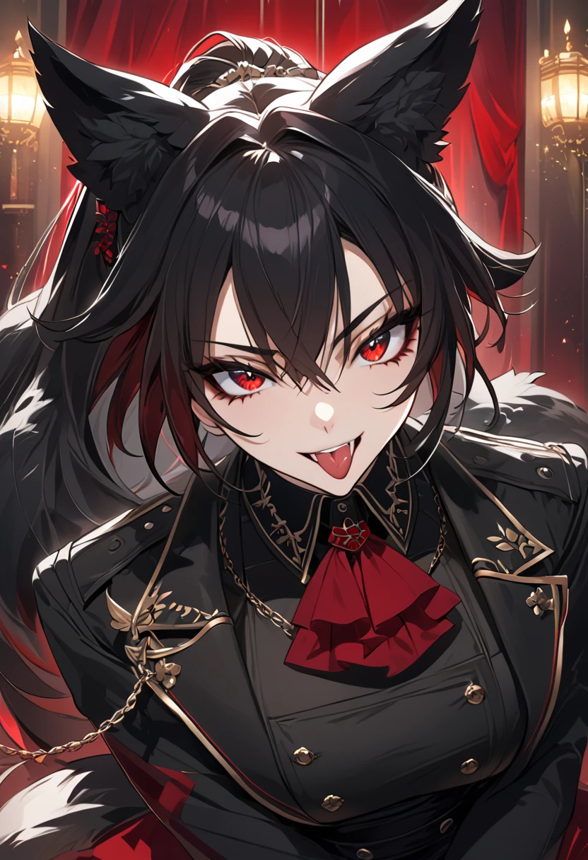 beautiful anime woman wearing a black military trench coat, tight black jeans pants, wolf ears, wolf tail, half wolf and half human, red eye color, black hair in a ponytail, light novel art, detailed anime art, anime, regal, royal, sexy, thicc, beautiful feminine facial features, flirtatious, sultry, slutty, petite, sharp canines, aheago, villain, all black clothing, high quality, very detailed anime art, feminine, slender face, military general vibes, pretty girl, good lighting, close up shot of face, sticking her tongue out expression, red highlights, lewd smile, cute, mischievous sexy girl, naughty 