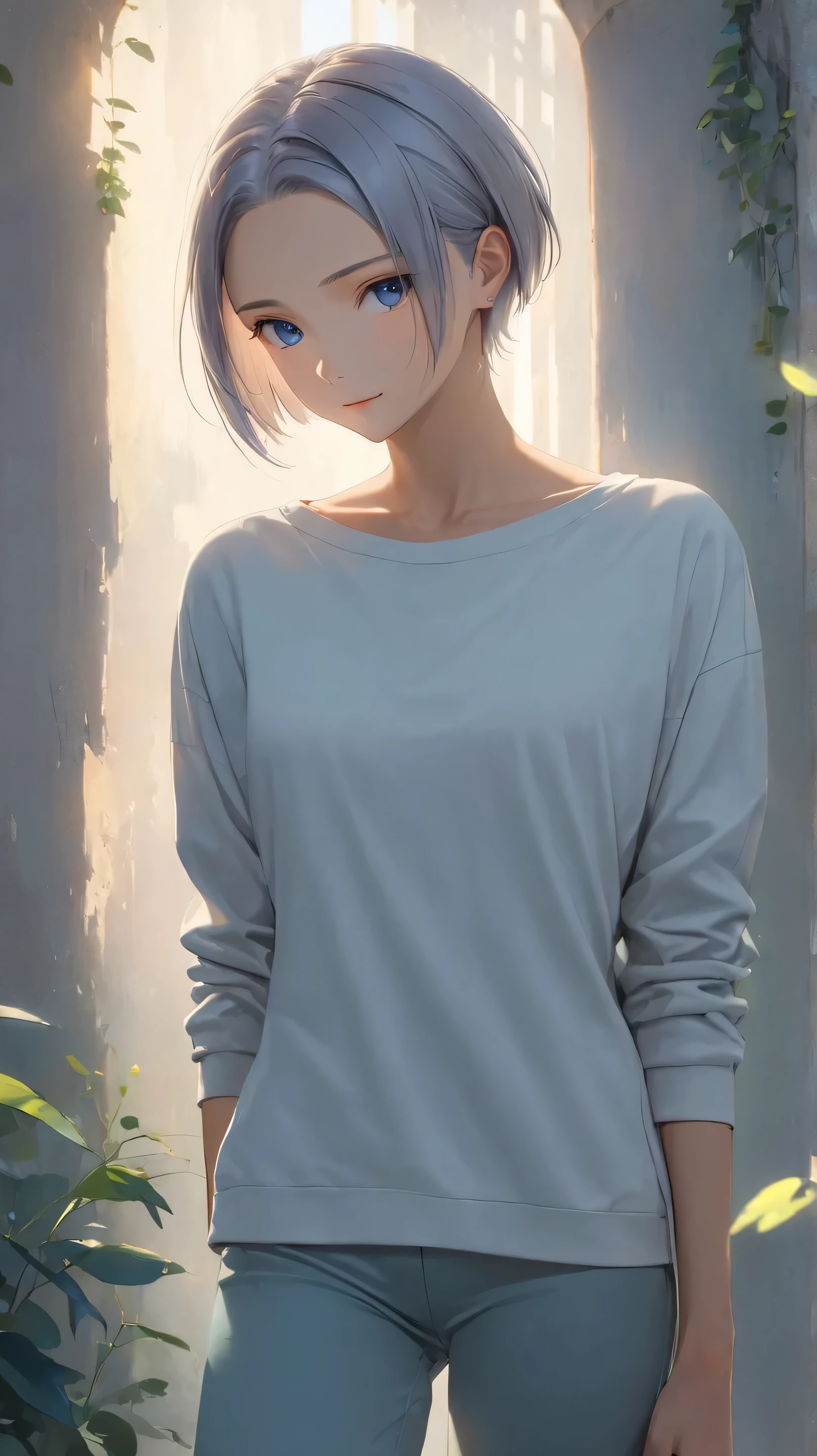short, slightly tousled light gray hair with a faint bluish tint, sleek and casual hairstyle with soft layers, boyish and androgynous charm, calm and introspective young woman, short textured bangs, layered and tousled long nape, asymmetrical bangs, soft side-swept fringe, modern and minimalistic style, oversized hoodie or casual t-shirt, (relaxed-fit pants:1.7), ethereal and mysterious atmosphere, serene and gentle smile, Best Illumination, cinematic lighting, crisp details, vibrant colors, (beautiful detailed face and eyes). natural posing, looking directly at the camera, relaxed expression, (cowboy shot:1.3), (full body:0.7), (wide shot:1.3), low angle, vibrant tones, and a clear, (center part:1.2), (forehead:1.3), (small eyes), (pixie cut:1.4), (Parted Bangs:1.3), (low hair volume:1.4), (side undercut:1.1), (shaved sides hair:1.1), (long Nape:1.5), head tilt, (closed eyes:0.6), (medium breasts:1.3), beautiful body, slim figure, Beautiful breasts, Beautiful clavicle BREAK, (slender hips:1.3), (beauty legs:1.3), (slim thighs:1.3), (fit and toned legs:1.3), long legs, (Long, slender legs:1.3),