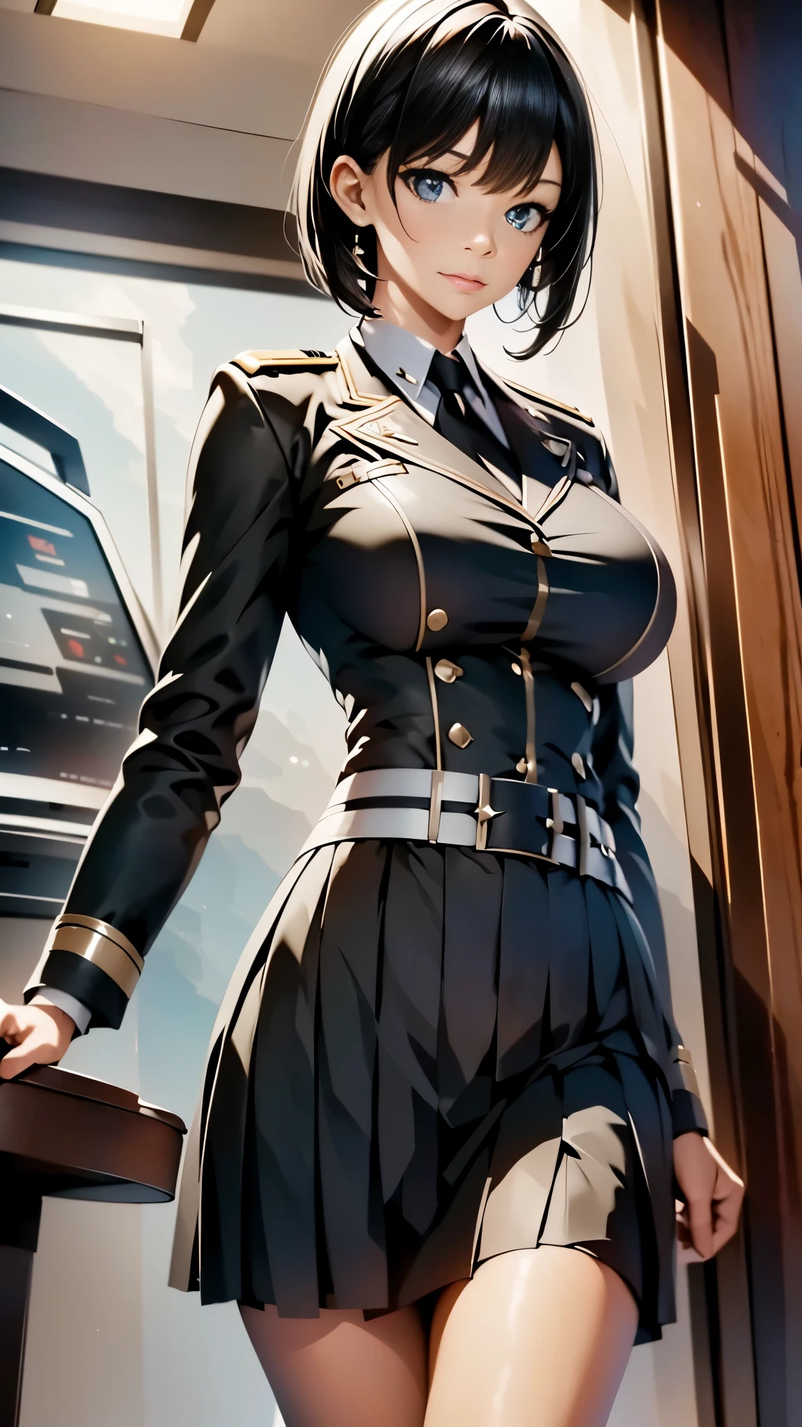 (highest resolution, distinct_image), best quality, masterpiece, highly detailed, semi realistic, a woman with short black hair, mature woman, triple bangs, black uniform, black pleated skirt, military uniform, spaceship space, control room, commander