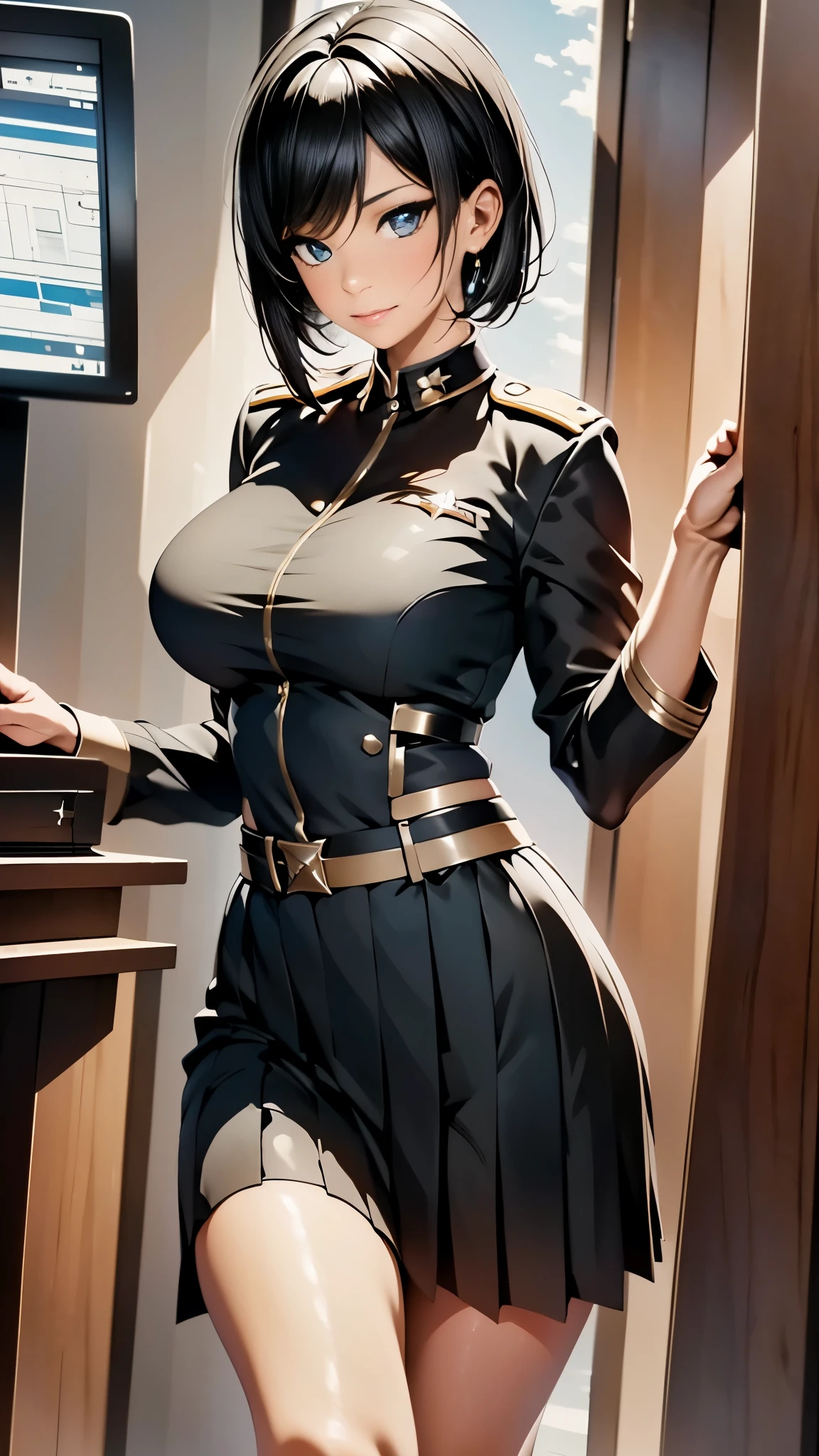 (highest resolution, distinct_image), best quality, masterpiece, highly detailed, semi realistic, a woman with short black hair, mature woman, triple bangs, black uniform, black pleated skirt, military uniform, spaceship space, control room, commander