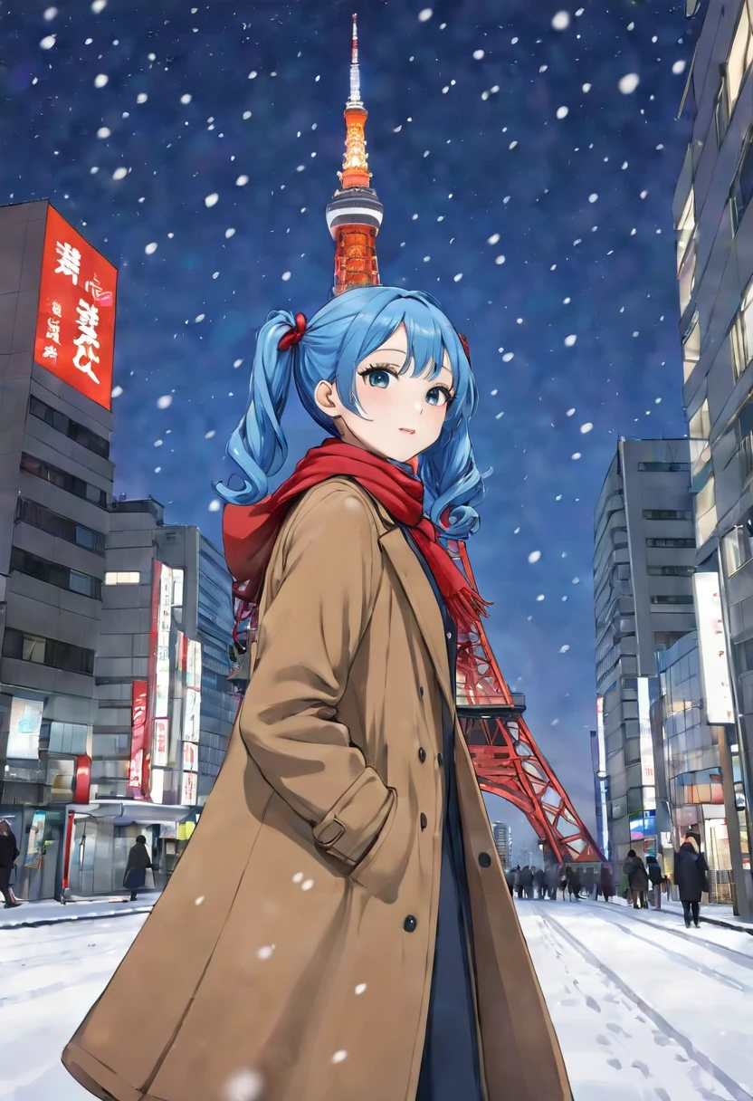 Blue long hair、 Beautiful Girl with Twin Tails 、Tokyo Tower in the snow 、 brown long coat with red scarf、