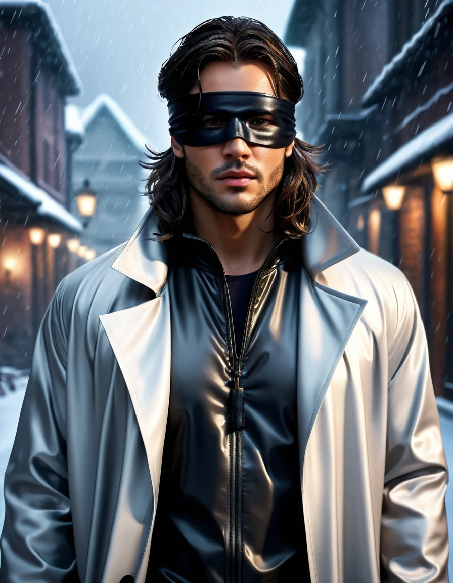  3D man with long dark hair in a raincoat and  ((with a black blindfold))) on a snowy background .,   game art matte painting  ,   high resolution oil painting ,  hyperdetailed 3D painting  ,  computer game scene  ,wlop and andrei riabovitchev  , Charlie Boweter and Artgeem ,   Edmund Blair and Charlie Bowter   ,  seductive cyberpunk dark fantasy ,   High Definition Commission  , style of charlie bowater, Чарли Боуотер и Том Бэгшоу   realistic image , masterpiece,   artwork ,   hyperrealistic, Rendering ,  realistic physical Rendering , hyper   realistic illustration,   realistic illustration, photorealistic detail   , hypper   realistic illustration, extreme realistic detail, photorealistic detail   ed picture,  with the rendering concept on the Unreal engine , ),  Ultra-detailed and beautiful face ,(   Gentle facial expression   :1.1),  translucent white skin  ,(  realistic skin texture:1.1), , Bold design   , art design   ,Beautiful and detailed pattern,  Detailed fabric texture , ((1 man, 1 girl)) (  romantic sensual scene for the novel   :1.1) ((подробно backgroun профессиональная величественная масляная   realistic image , masterpiece,   artwork ,   hyperrealistic, Rendering ,  realistic physical Rendering ,  photorealistic Rendering ,  Very detailed ,   high-quality render  ,  architectural Rendering ,  very realistic 3 d render ,   realistic image ,