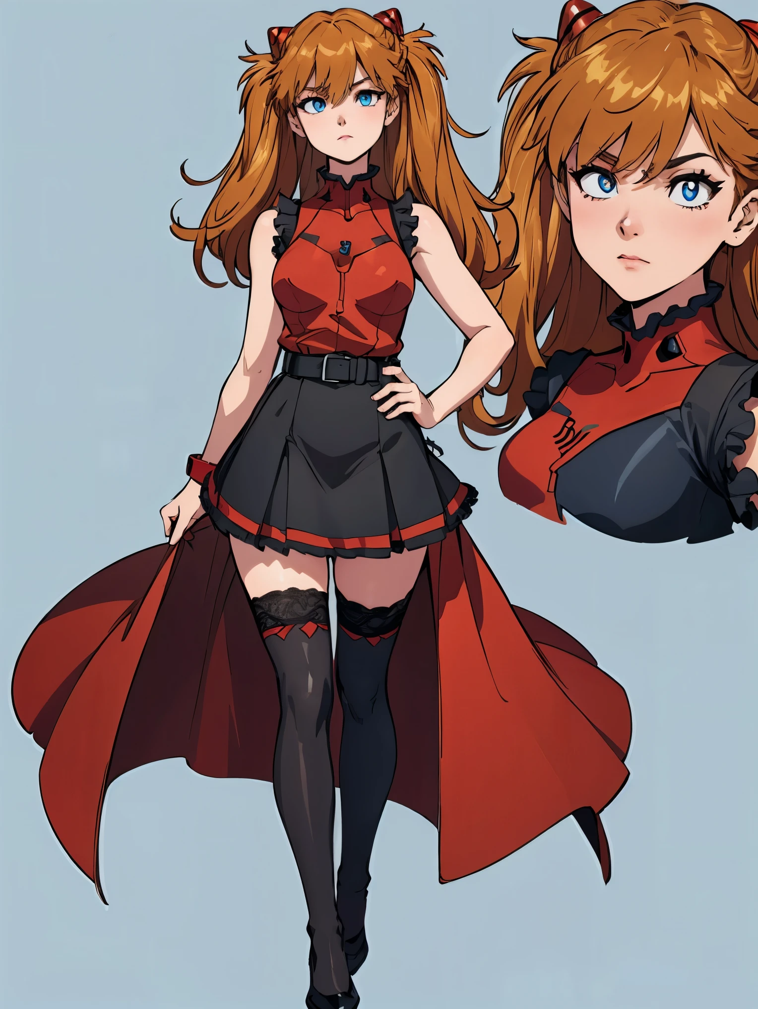 One woman,  Soryu Asuka Langley, long hair,  twin tails,
BREAK ((sleeveless shirt, rose, frills, belt, black miniskirt, black thighhighs, lace trim:1.2)),
BREAK (multiple views:1.5),from behind,from_front,(blue background:1.3),(full body:1.4),arms at sides,
BREAK (masterpiece:1.2), best quality, high resolution, unity 8k wallpaper, (illustration:0.8), (beautiful detailed eyes:1.6), extremely detailed face, perfect lighting, extremely detailed CG, (perfect hands, perfect anatomy),