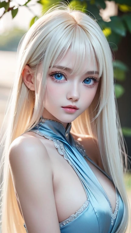 Very beautiful baby face、Ultra-long platinum blonde hair that looks like silk in the wind、Swinging bangs、Cute, sexy, 19 year old blonde with incredibly bright light blue eyes、Hair above the eyes、片Hair above the eyes、 hair between eyes、