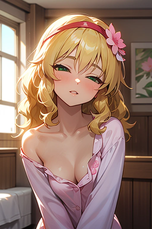 masterpiece,best quality, ultra-detailed,1girl(sakurai momoka, lovely small breasts, naked  body, wavy hair, long hair, blonde hair,  headband, pink flower in hair,green eyes,  half-closed eyes), a come-hither face,   parted lips, nose blush, blush, facing viewer , looking at viewer, head tilt, solo, pajama,  cleavage,  in the bedroom, night time, standing, come-on 