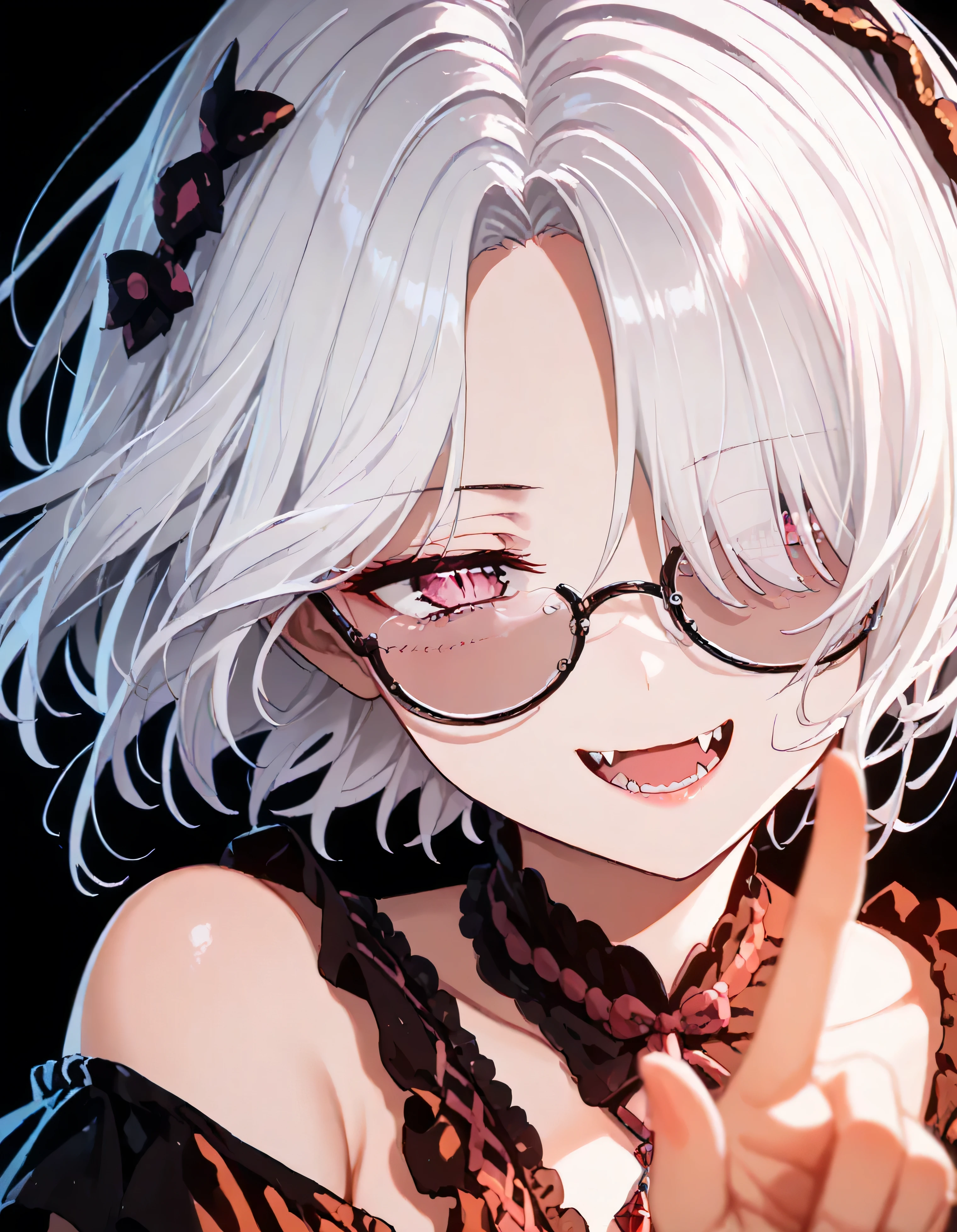 UN\(EOE\),one girl,solo,best quality, masterpiece, ,,break,1girl,(dark background), (weak Lighting),,break, incredibly_absurdres, ,very high resolution, very aesthetic,by famous artist, 8k, 16k,,beauty illustration,photoshop_(small),,(pink eyes:1.2,half_closed eyes),(white hair|Detailed hair|short hair|shiny hair|curtained hair),(deep "V" shaped,black and orange lolita dress,,one bare shoulder),POV,(scary,evil smile,jitome,eye reflection, snake pupils,sharp eyesigh, color contact lenses,fangs,half_open mouth),dilated pupils,sharp eyes,one mole under eye, tareme,hair strand, hair over one eye, cloud hair,
