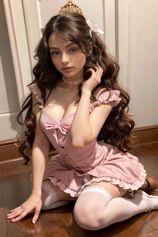 age 25, 8k (High definition), heavy make up, rosey pink cheeks, long eyelashes, goth makeup, wearing a frilly pink lolita dress, sissy, high petticoat skirt, bow in her hair, bow in her hair, white stockings, high heels, dressed in a school girl uniform, Caucasian skin, long brown hair, hair stylized wavy fresh out of the salon, very long curly dark brown hair, small perky breasts, on her knees, cleaning the floor