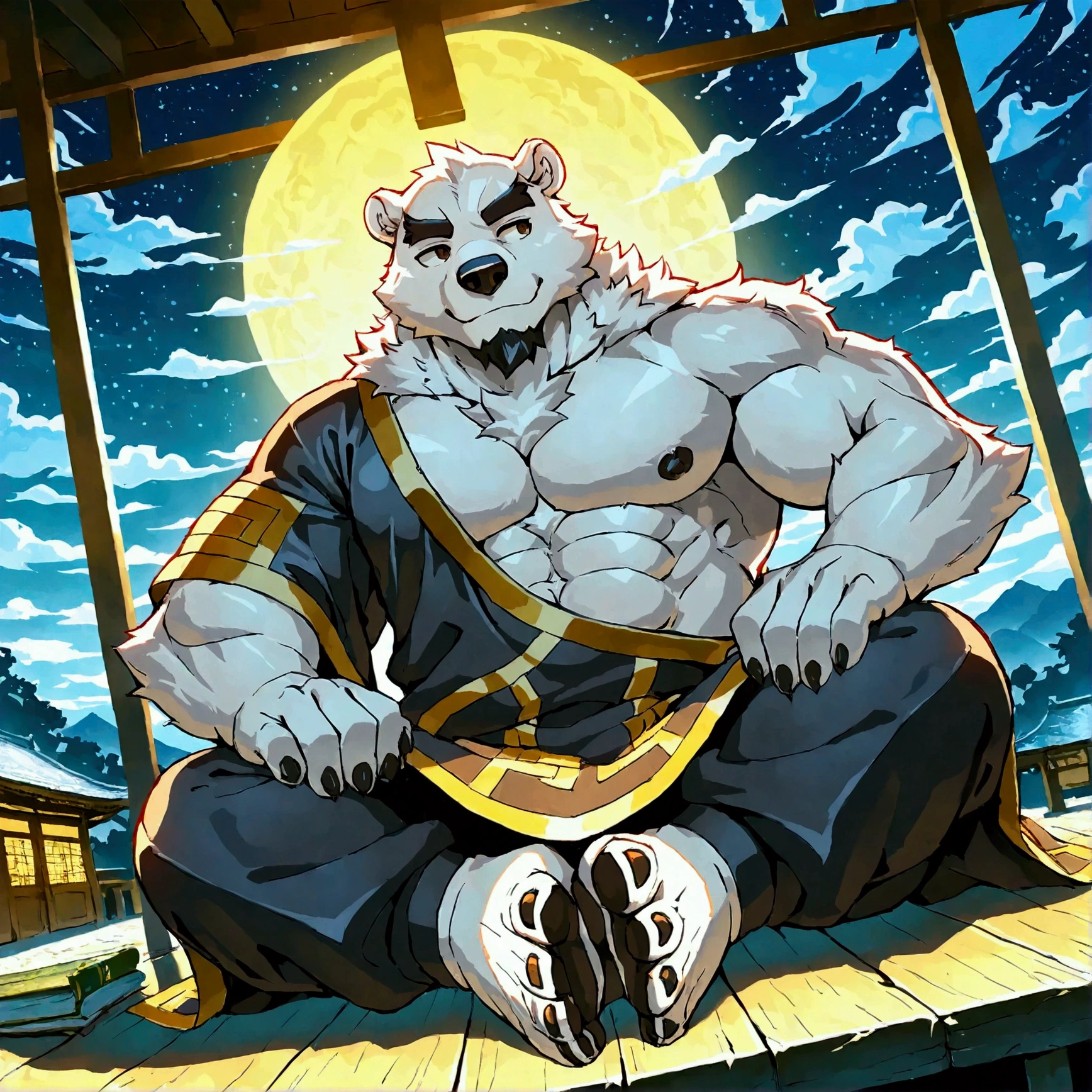 character focus, full body, looking away, dynamic angle, buddhist monk, middle-aged Japanese polar bear man, light smile, buddhist monk costume clothes, kesa, pants, black wear, sit straight, reading buddhist sutra, BREAK full body in Michelangelo Buonarroti style, housamo style, digital illustration anime, detailed painting landscape, morning, kyoto, Japanese temple, indoor, full color, HDR, BREAK complete anatomy, perfect proportions, beautiful thigh gap, fluffy body, intricate fur details, beautiful fur texture, BREAK a detailed polar bear 1tail, detailed toe, 5toes, 5toes nails, detailed foot, detailed hands, 5fingers, 5fingers nails, BREAK aesthetic anime face, insanity detailed face, male face, big face, square jawline, aesthetic anime eyes, detailed brown eyes, detailed brown cornea, detailed dark brown irises, detailed pupils, male eyes, big eyes, male eyebrows, innocent look, beautiful beard, BREAK masterpiece, official art, best quality, very aesthetic, absurdres, super fine illustration, great quality, BREAK noise reduction, very highres, large filesize, high quality, 32K, 8k wallpaper, dynamic lighting, BREAK insanity detailed, ultra detailed, intricate details, extremely detailed, detailed texture, an extremely delicate and beautiful, BREAK e621 illustration, osukemo, kemohomo, anthropomorphic, furry, cartoon, harmonious, pastoral face, virtuous eyes, kyoto atmosphere