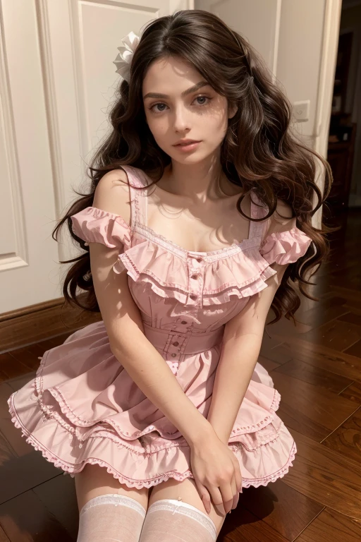 age 25, 8k (High definition), heavy make up, rosey pink cheeks, long eyelashes, goth makeup, wearing a frilly pink ta dress, sissy, high petticoat skirt, bow in her hair, bow in her hair, white stockings, high heels, dressed in a school girl uniform, Caucasian skin, long brown hair, hair stylized wavy fresh out of the salon, very long curly dark brown hair, small perky breasts, on her knees, cleaning the floor