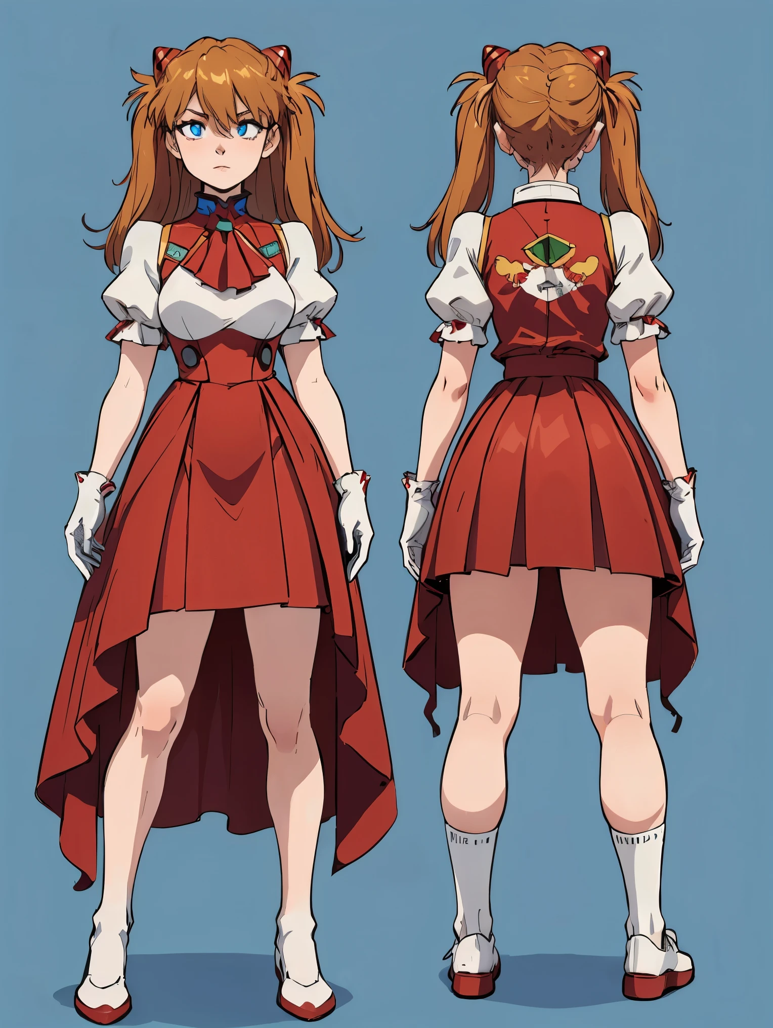 One woman,  Soryu Asuka Langley, long hair,  twin tails,
BREAK ((puffy sleeves, red ascot, red skirt, short sleeves, shoulder armor, single pauldron, skirt, socks, white dress, white footwear, white gloves:1.2)),
BREAK (multiple views:1.5),from behind,from_front,(blue background:1.3),(full body:1.4),arms at sides,
BREAK (masterpiece:1.2), best quality, high resolution, unity 8k wallpaper, (illustration:0.8), (beautiful detailed eyes:1.6), extremely detailed face, perfect lighting, extremely detailed CG, (perfect hands, perfect anatomy),