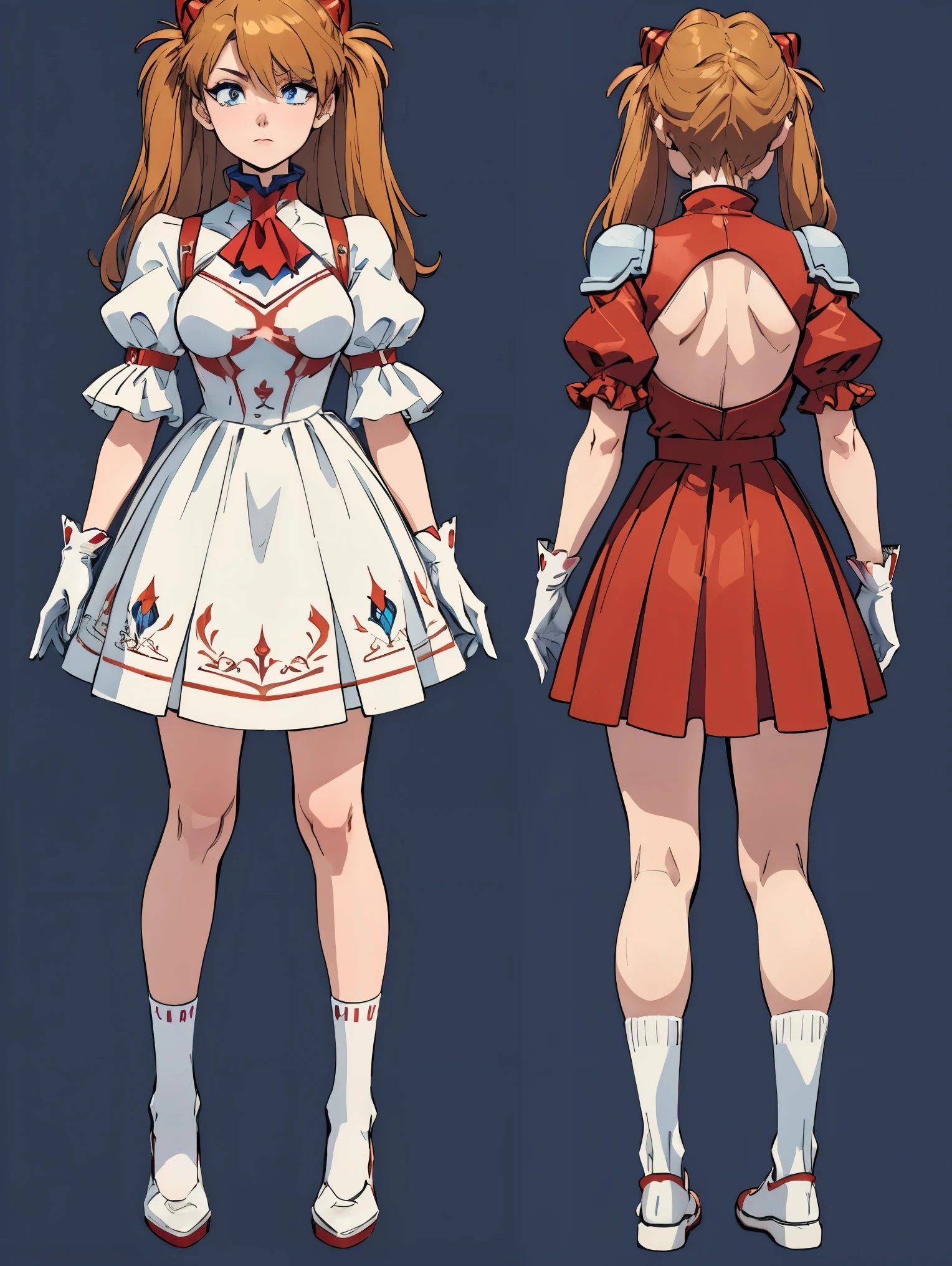 One woman,  Soryu Asuka Langley, long hair,  twin tails,
BREAK ((puffy sleeves, red ascot, red skirt, short sleeves, shoulder armor, single pauldron, skirt, socks, white dress, white footwear, white gloves:1.2)),
BREAK (multiple views:1.5),from behind,from_front,(blue background:1.3),(full body:1.4),arms at sides,
BREAK (masterpiece:1.2), best quality, high resolution, unity 8k wallpaper, (illustration:0.8), (beautiful detailed eyes:1.6), extremely detailed face, perfect lighting, extremely detailed CG, (perfect hands, perfect anatomy),