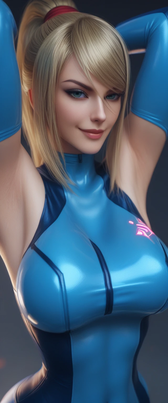  beautiful face, zerosuit samus,,   at night,while battle, big breasts, huge breasts, Long breasts, biggest breasts, large breasts, both arms up, armpit, seduce, seduction, smug smile, 