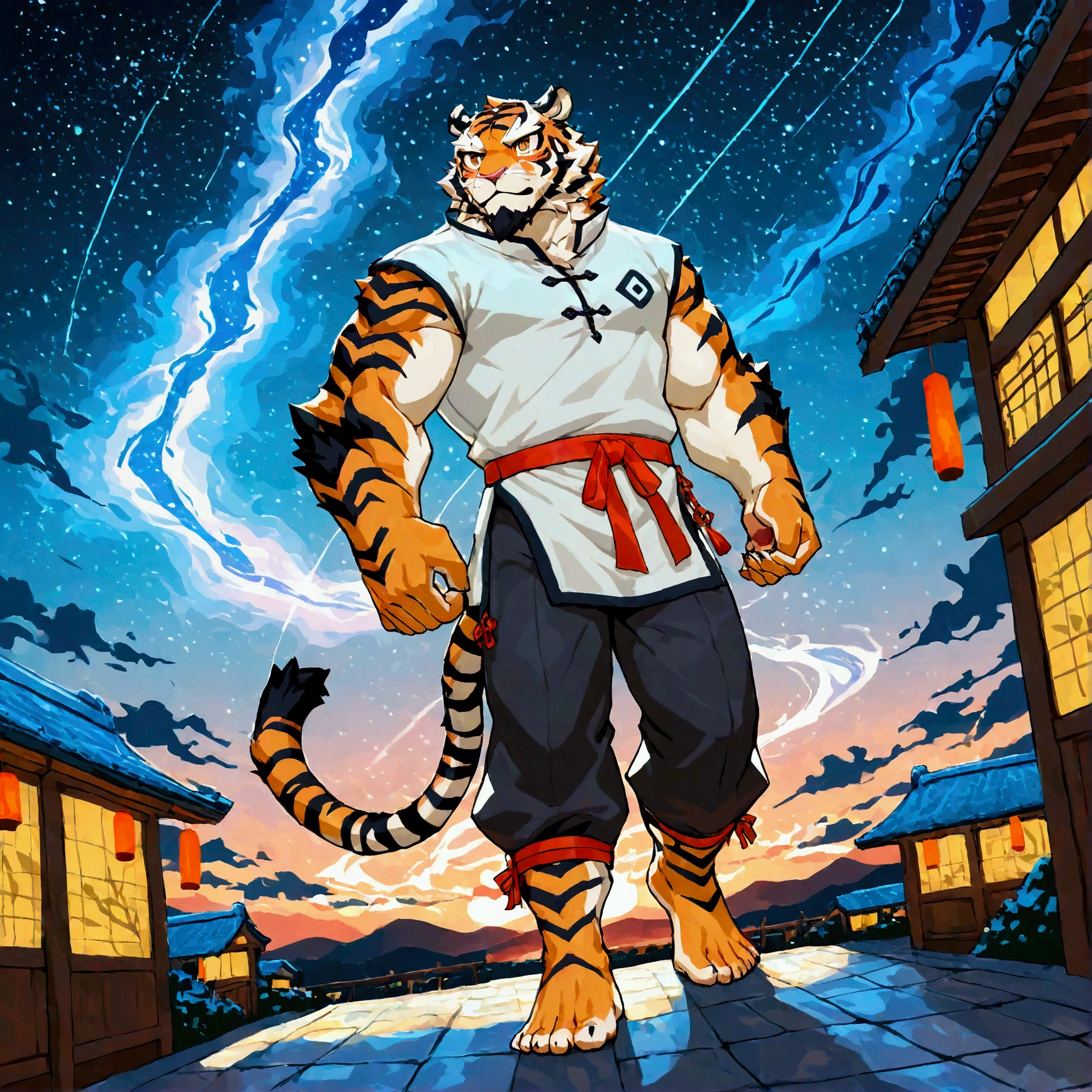 character focus, full body, looking away, dynamic angle, wuxia, daoist, a middle-aged chinese tiger man, full body in Michelangelo Buonarroti style, housamo style, digital illustration anime, BREAK serious, chinese costume clothes, robe, shirt, pants, standing, drawing a circle in the air with a finger, dynamic pose, casting magic, detailed painting landscape, starry sky, chinese shrine, outdoor, full color,  HDR, BREAK complete anatomy, perfect proportions, beautiful thigh gap, fluffy body, intricate fur details, beautiful fur texture, BREAK (a detailed tiger one tail), detailed toe, 5toes, 5toes nails, beautiful foot, BREAK detailed hands, 5fingers, 5fingers nails, BREAK aesthetic anime face, insanity detailed face, male face, big face, square jawline, aesthetic anime eyes, detailed brown eyes, detailed brown cornea, detailed dark brown irises, detailed pupils, male eyes, big eyes, male eyebrows, innocent look, beautiful beard, BREAK masterpiece, official art, best quality, very aesthetic, absurdres, super fine illustration, great quality, BREAK noise reduction, very highres, large filesize, high quality, 32K, 8k wallpaper, dynamic lighting, BREAK insanity detailed, ultra detailed, intricate details, extremely detailed, detailed texture, an extremely delicate and beautiful, full color, BREAK e621 illustration, osukemo, kemohomo, anthropomorphic, furry, cartoon, harmonious, pastoral, virtuous, oriental atmosphere 