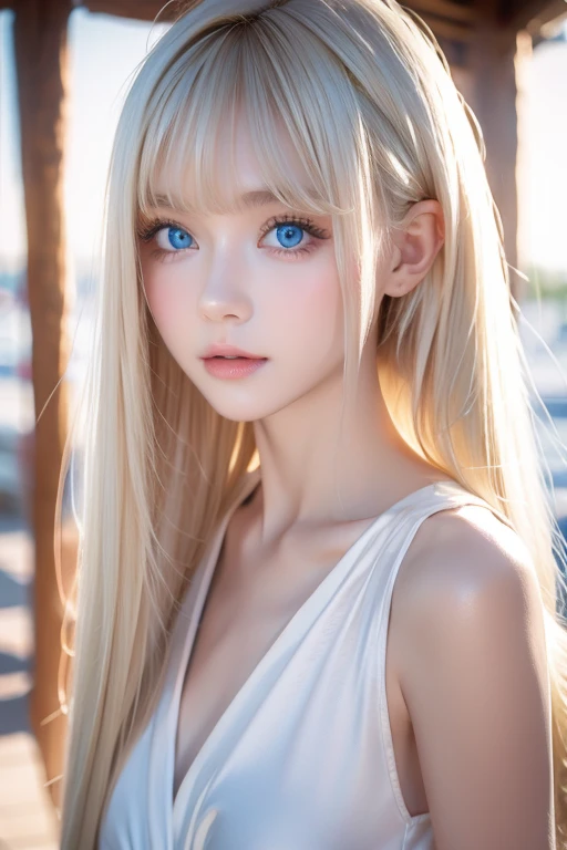 Very beautiful baby face、Ultra-long platinum blonde hair that looks like silk in the wind、Swinging bangs、Cute, sexy, 19 year old blonde with incredibly bright light blue eyes、Hair above the eyes、片Hair above the eyes、 hair between eyes、