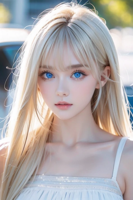 Very beautiful baby face、Ultra-long platinum blonde hair that looks like silk in the wind、Swinging bangs、Cute, sexy, 19 year old blonde with incredibly bright light blue eyes、Hair above the eyes、片Hair above the eyes、 hair between eyes、