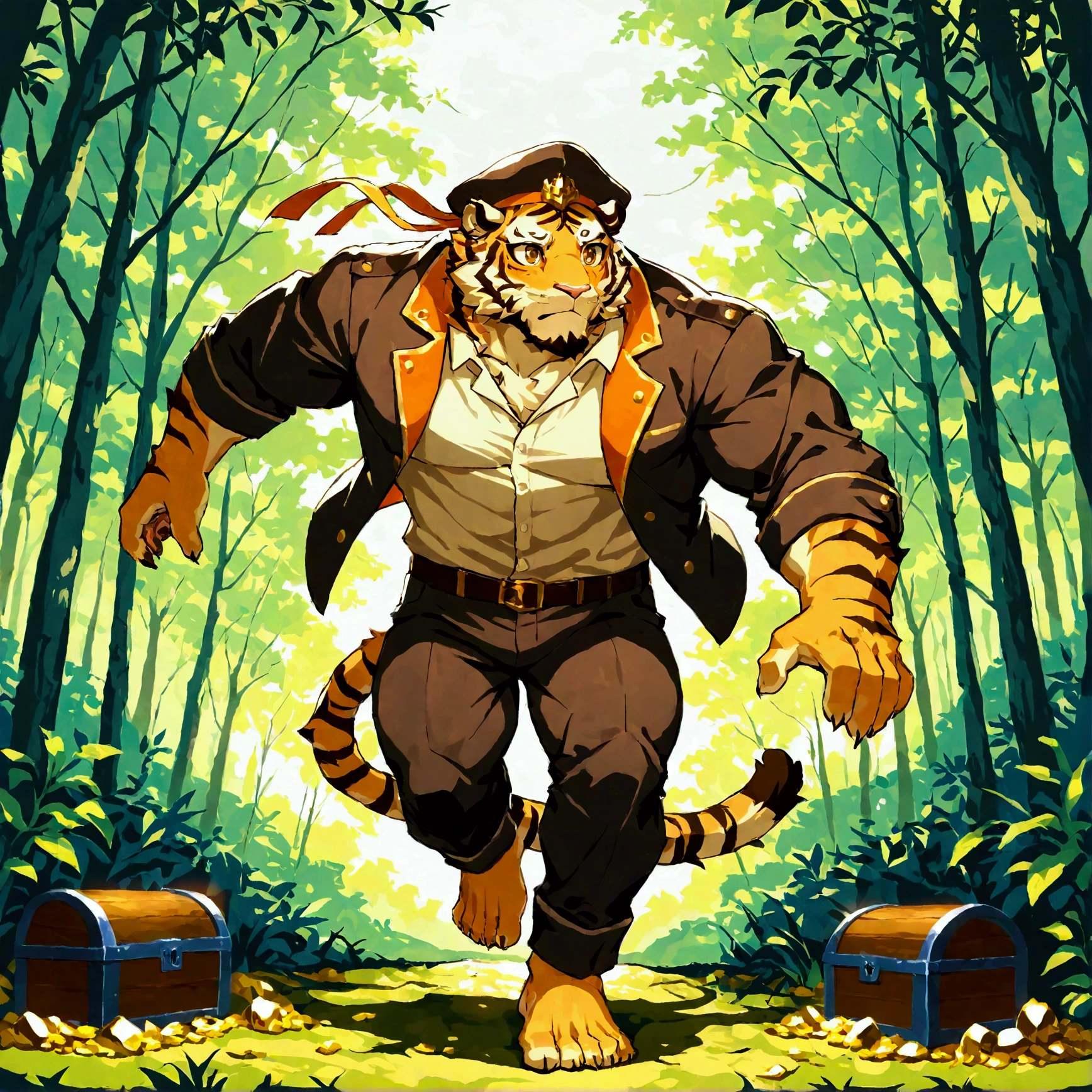 character focus, full body, looking away, dynamic angle, treasure hunter, a muscular middle-aged tiger man, costume clothes, hat, jacket, shirt, half pants, holding treasure chest, run away, running through a forest, dynamic pose, BREAK full body in Michelangelo Buonarroti style, housamo style, digital illustration anime, detailed painting landscape, jungle ruins, outdoor, full color, HDR BREAK complete anatomy, perfect proportions, beautiful thigh gap, fluffy body, intricate fur details, beautiful fur texture, BREAK detailed tiger tail, detailed toe, 5toes, 5toes nails, beautiful foot, detailed hands, 5fingers, 5fingers nails, BREAK aesthetic anime face, insanity detailed face, male face, big face, square jawline, aesthetic anime eyes, detailed brown eyes, detailed brown cornea, detailed dark brown irises, detailed pupils, male eyes, big eyes, male eyebrows, innocent look, beautiful beard, BREAK masterpiece, official art, best quality, very aesthetic, absurdres, super fine illustration, great quality, BREAK noise reduction, very highres, large filesize, high quality, 32K, 8k wallpaper, dynamic lighting, BREAK insanity detailed, ultra detailed, intricate details, extremely detailed, detailed texture, an extremely delicate and beautiful, BREAK e621 illustration, osukemo, kemohomo, anthropomorphic, furry, cartoon, harmonious eyes, pastoral face, virtuous body, epic atmosphere 