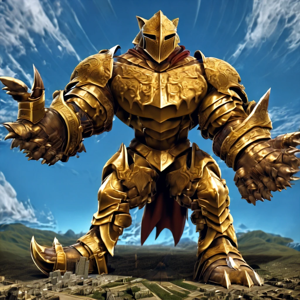 - Excalibur Sonic. Golden Armor. The whole body is golden.
- masterpiece. official art. 8k. best quality. detailed full body. full body.
- no face. wearing a full-face helmet.
- An arrogant expression. smile at the corner of your mouth.
- He with 4 arms.
- large muscles,  big muscle, huge muscles,  massive muscles, bulk up.
- focus GIANT Excalibur Sonic is trampling the city. Looking down. macro. stomp. Low-angle perspective. emphasizing the immense size. He has long legs.
- The nails are sharp. The nails are gold. There are five fingers.
- The toenails are sharp. The toenails are gold. There are five toes.
proportional anatomy, correct proportions, realistic human anatomy, balanced body.
symmetrical face, well-defined hands and fingers, natural body pose.
highly detailed, fine details, sharp focus.
realistic textures, defined muscles,
(Excalibur Sonic, golden armor, helmet, no face, holding, red cape, upturned and pointy shoes)