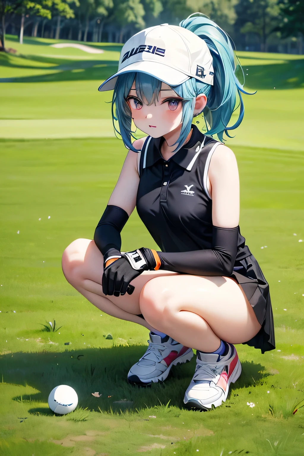 1girl 40hara bike_shorts black_shirt black_skirt blue_hair disgust gesugao glaring gloves golf_club golf_course grass grey_gloves highres iya_na_kao_sare_nagara_opantsu_misete_moraitai light_blue_hair no_bike_shorts on_grass original panties polo_shirt ponytail purple_panties shadow shirt shoelaces shoes single_glove skirt sleeveless sleeveless_shirt sneakers squatting underwear visor_cap