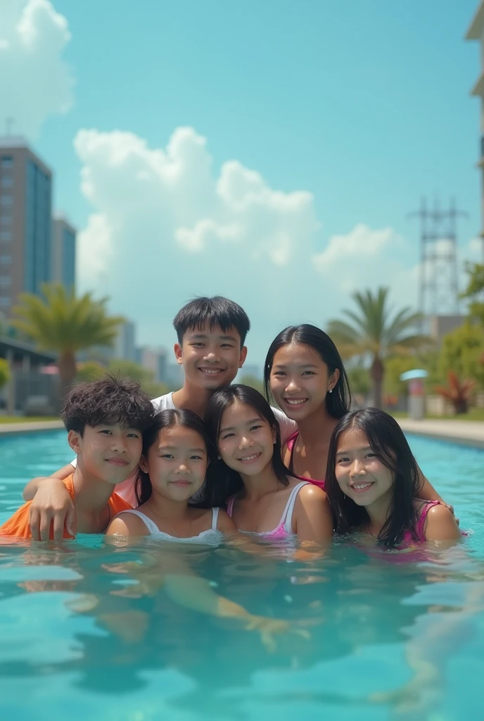Extremely Detailed (18yo girls crowded together:1.37), (Oodles of girls in background), Smiling, White(Skinny(School swimwear:1.28)), Floating in the pool on (rooftop of Marina Bay Sands at Dusk), (32K best quality masterpiece:1.25) ((Photorealsitic:1.37)) Baby Face, every girls wetted
