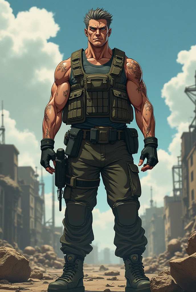 Male black police suit, solo, brown hair, black eyes, beard, desert, night, blood on body, wounds, muscular