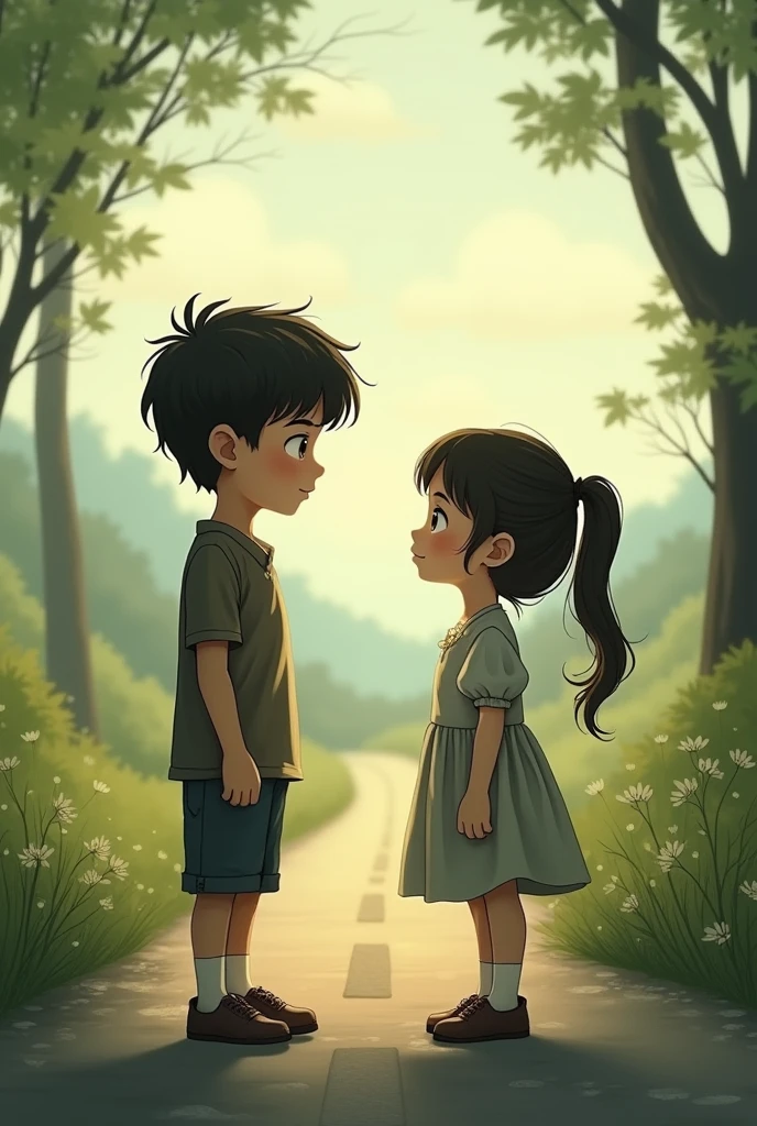 A black-haired blue-eyed girl with a black-haired green-eyed boy in the park, while they are awkwardly distanced as if they just had an argument