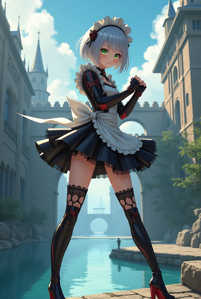 ass POV, camera from above, view from above, There is only one girl in the frame, ass POV, close-up photo, It's working, Fighting pose, sexy pose, forests, Ruin, water fall, slender legs, White Hair Bob, ash hair, The eyes are covered with a bandage, Blue eyes, black dress with short skirt, short black skirt, upskirt, chest cutout, white panties, black stockings, high black boots, high heel boots, very very beautiful, Small firm buttocks, A slim body, full length(Full body 1.1),slot machines, ruined city, city, overgrown with plants, Ruin, Official high detail illustrations, ((beautiful fantasy girl)),red , Her breasts are sticking out from under her clothes, (main part: 1.2), Best quality, a high resolution, photorealistic, Photogenic, Обои Unity 8k, (illustration: 0.8), (Beautiful detailed blue-gray eyes: 1.6), very detailed face, perfect lighting, extremely detailed computer graphics , (perfect hands, Ideal Anatomy), Girl with perfect breasts, Beautiful face, Master's Degree, complex parts, Realistic details, anime, (Based on Nier automatons) perfect body, Ideal girl, Perfect details, ultra HD |, 8 K, professional photo, Anime Style 2B,
