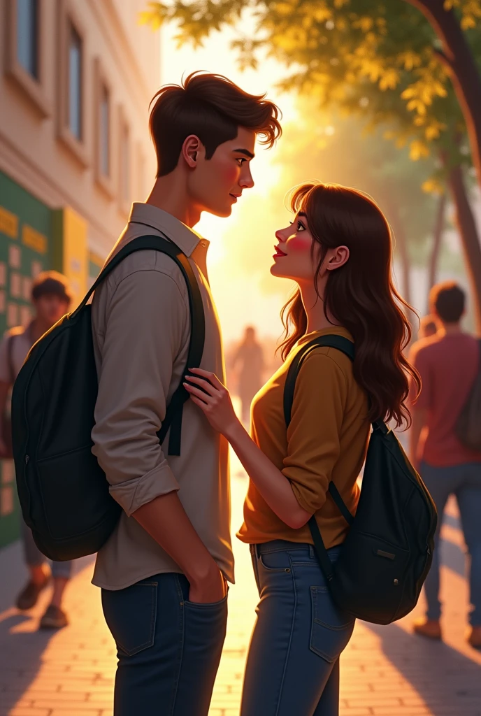 Create a vibrant YouTube thumbnail featuring a romantic couple standing close to each other in a serene university campus. The background should have lush greenery, tall trees, and a glimpse of a library or academic building to signify the setting. The couple should have a gentle smile, with the male character handing a book to the female character, symbolizing the beginning of their connection. The female character can have flowing hair, and the male character should look a bit shy but warm. Soft, warm lighting should highlight their faces, creating an intimate and inviting atmosphere. 
