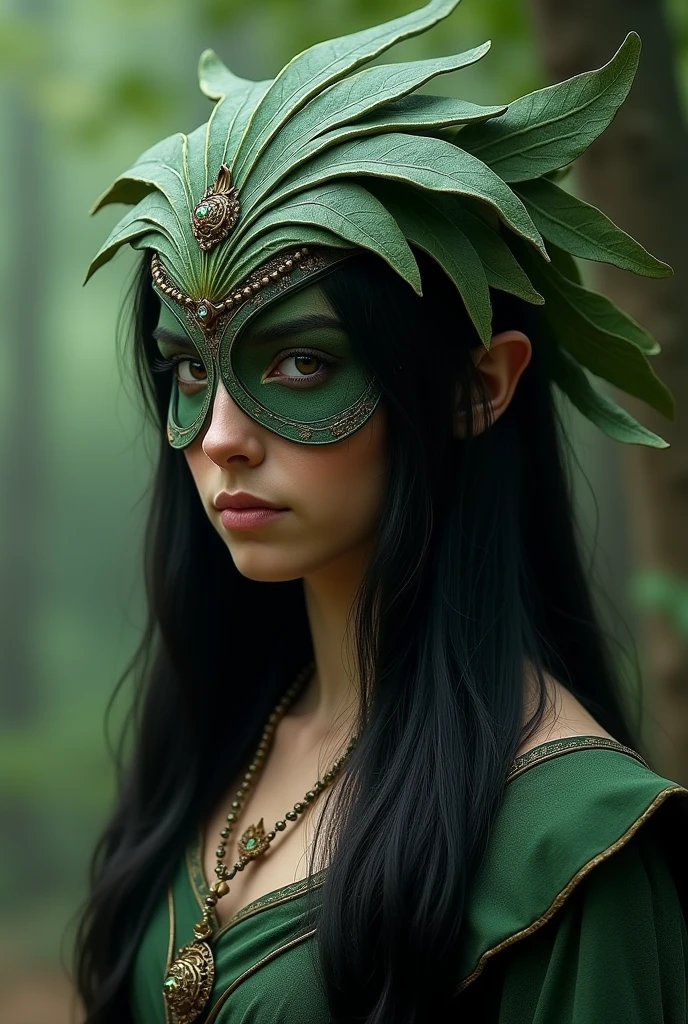 (Masterpiece, 8K, UHD, high resolution: 1.4), Terra, a 30-year-old woman, (wearing a chimera-inspired mask with details of stones and foliage: 1.3), (predominantly in green, brown, and gold: 1.2), (moss-green hair, long and slightly wavy: 1.3), (green eyes with a soft, natural glow: 1.2), (set in a natural forest or garden scene: 1.3), (surrounded by majestic trees and lush plants: 1.3), (moss-covered rocks: 1.2), (filtered light through tree canopies creating a peaceful and magical atmosphere: 1.3), (realistic and intricate details in the foliage and environment: 1.2), (calm and immersive perspective: 1.3)