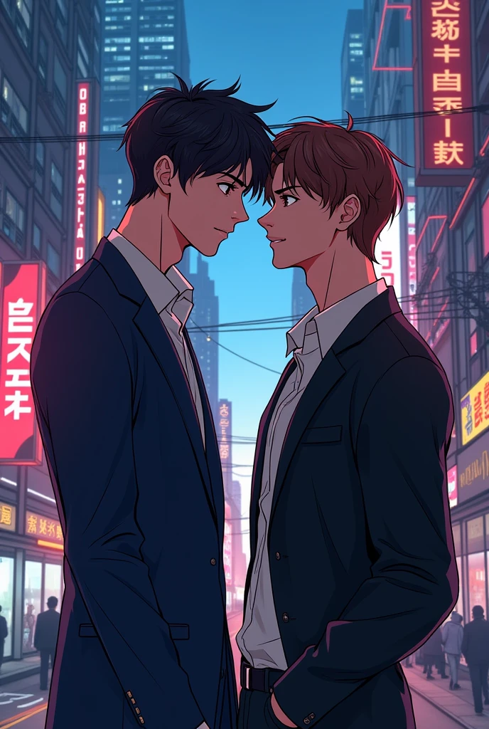 two men, One 1,90 tall, black hair, defined muscles, broadshouldered,big hands, the other 1,68 tall, Scrawny, dark brown hair, pink bochexas, The two kissing , in the center of osaka city, japao, on a sunny morning, With Details, and perfection.