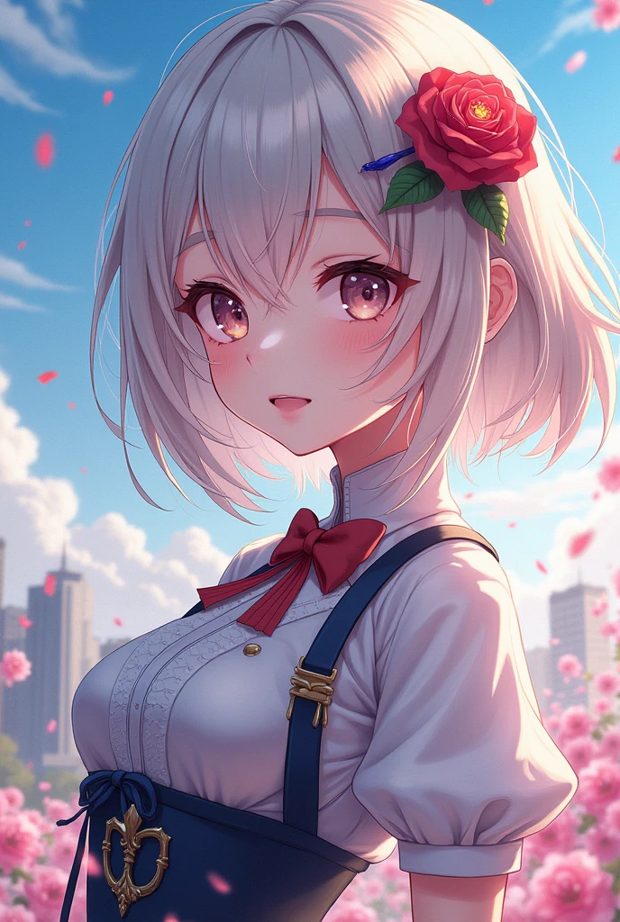1 girl, white hair, red eyes, blush BREAK Exhibiotinism, button up, breasts, Thights, BREAK Flower garden, sky